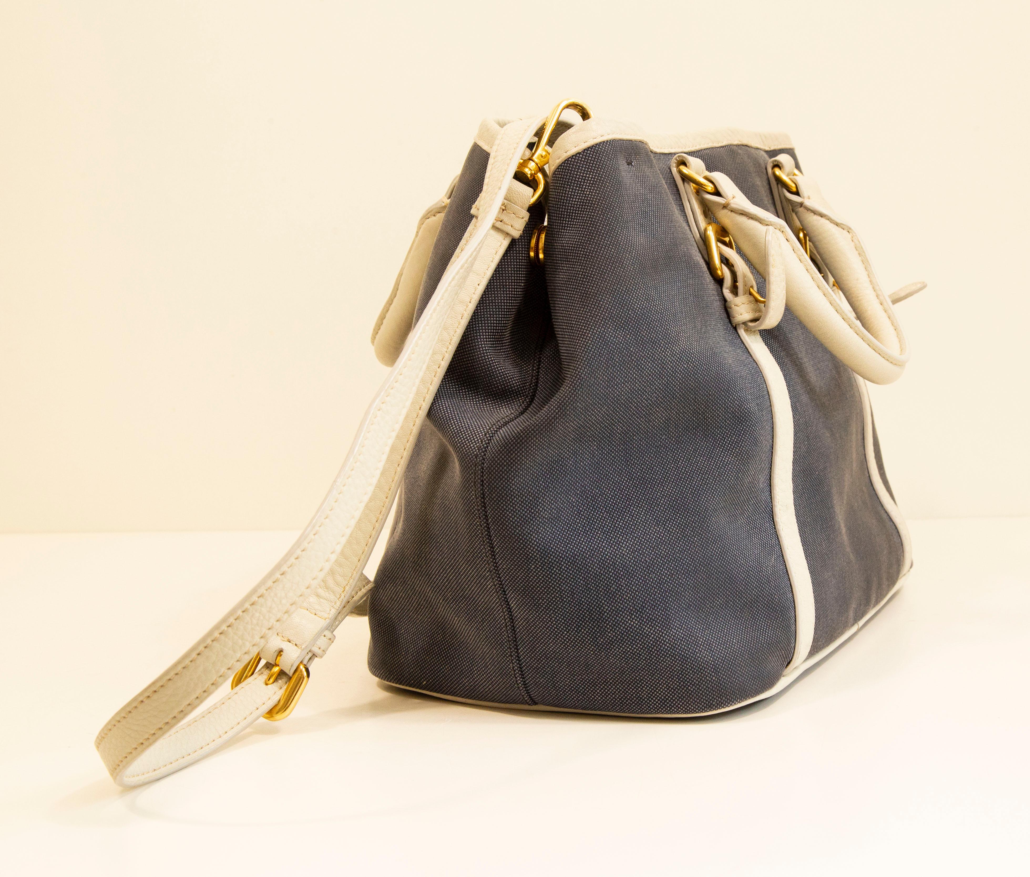 2000s Prada 2-Way Bag in Blue Canvas with White Leather Trim For Sale 1