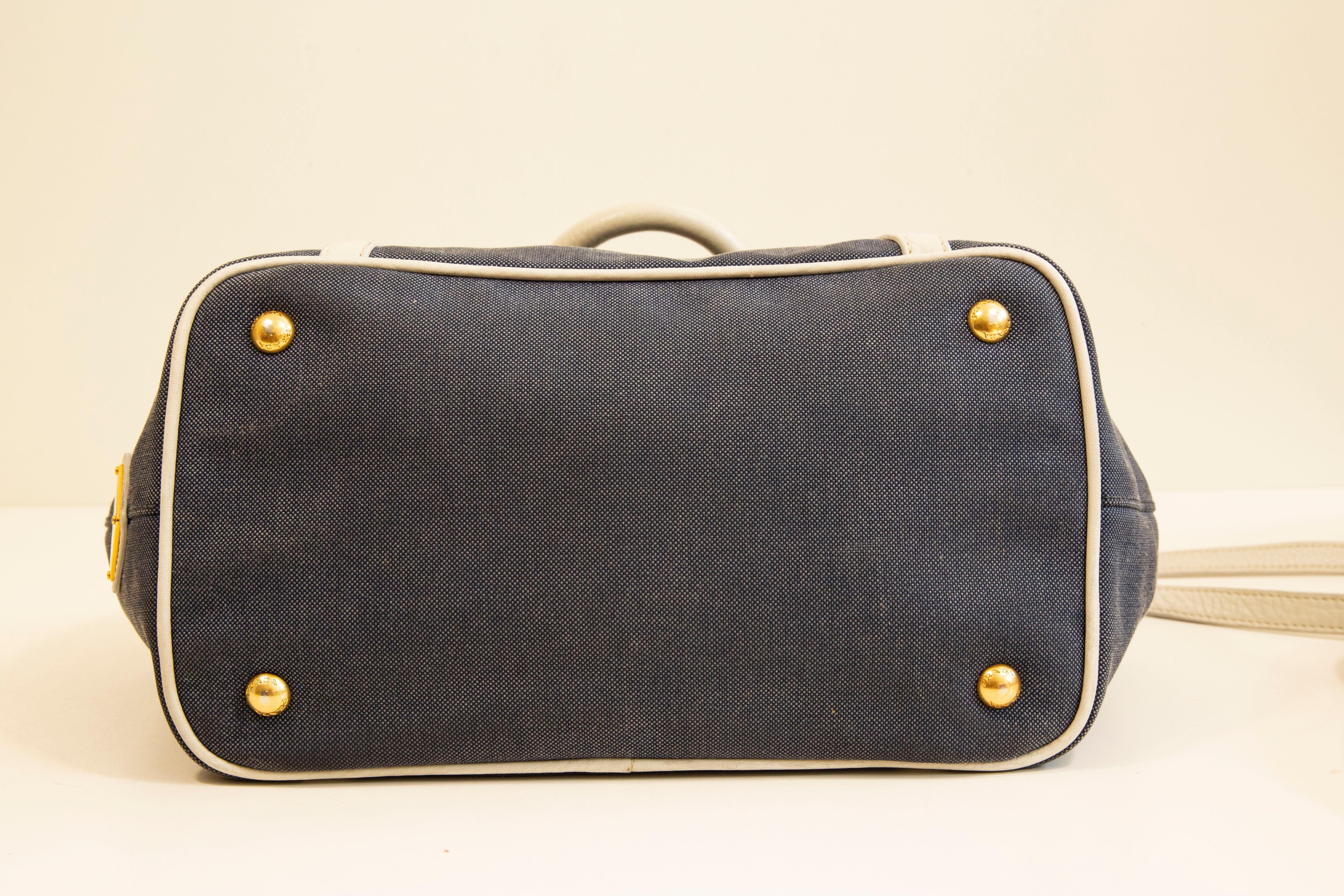 2000s Prada 2-Way Bag in Blue Canvas with White Leather Trim For Sale 2