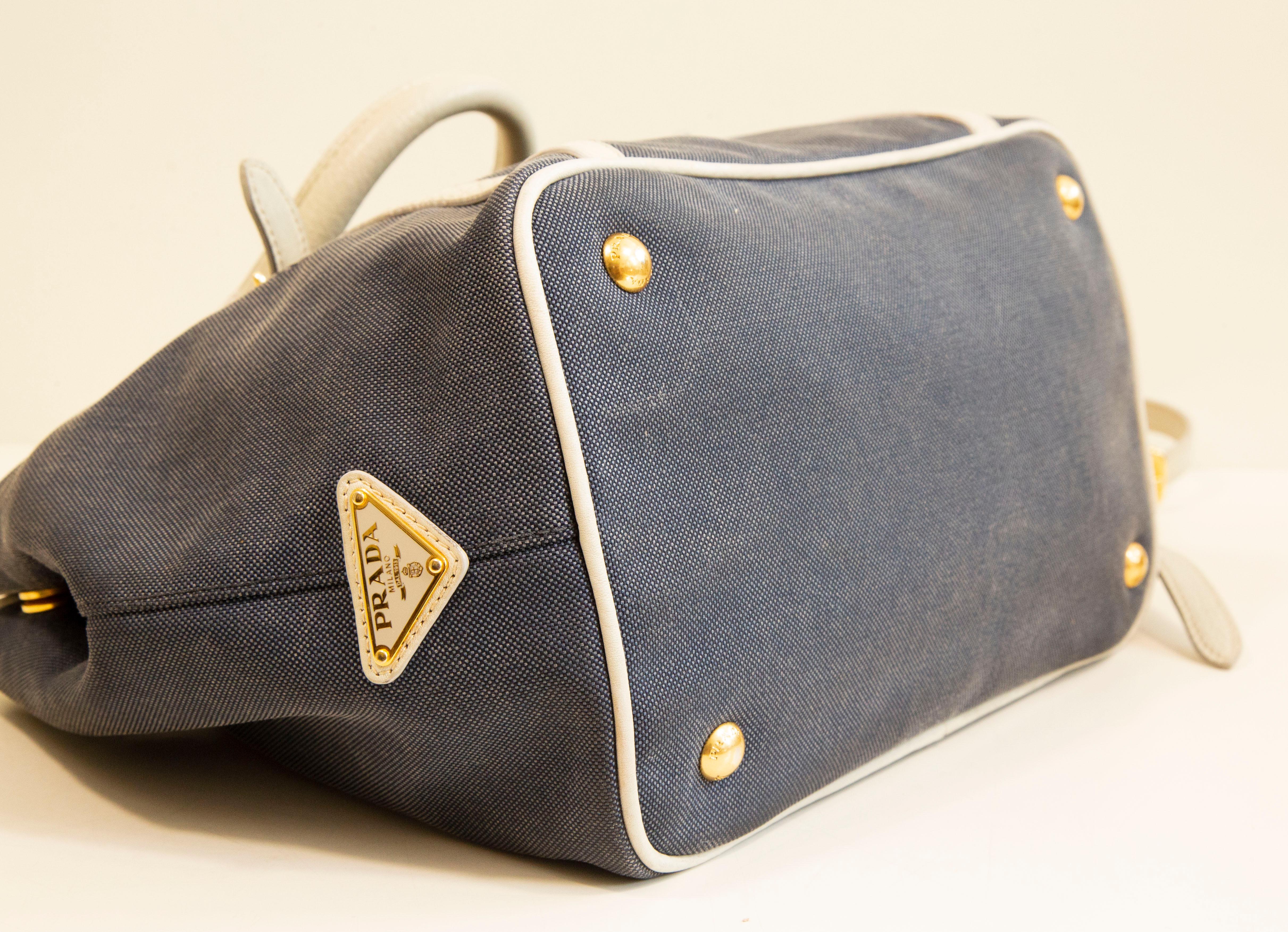 2000s Prada 2-Way Bag in Blue Canvas with White Leather Trim For Sale 3