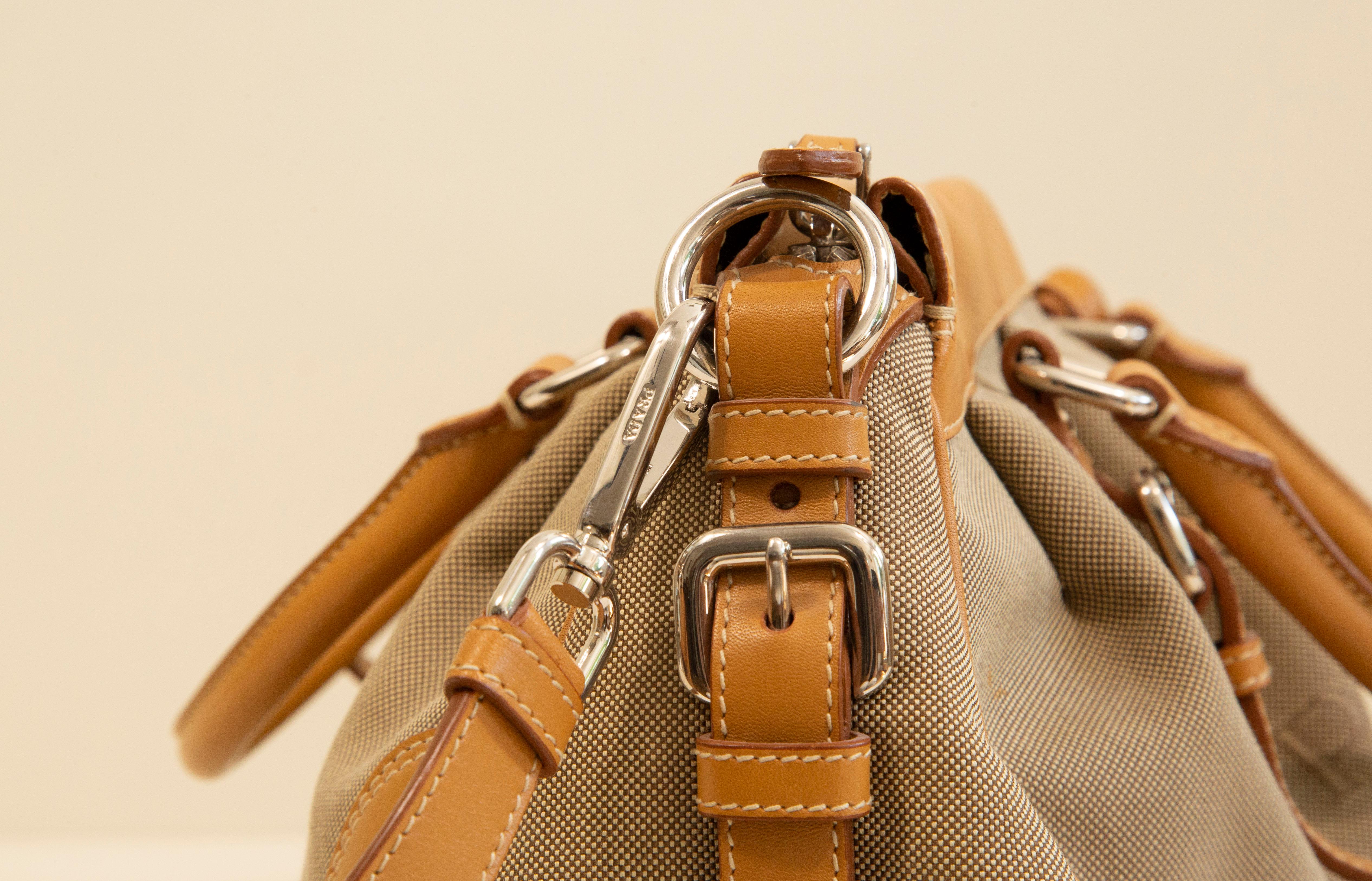 2000s Prada 2 Way Bag in Canvas and Tan Leather Trim 5