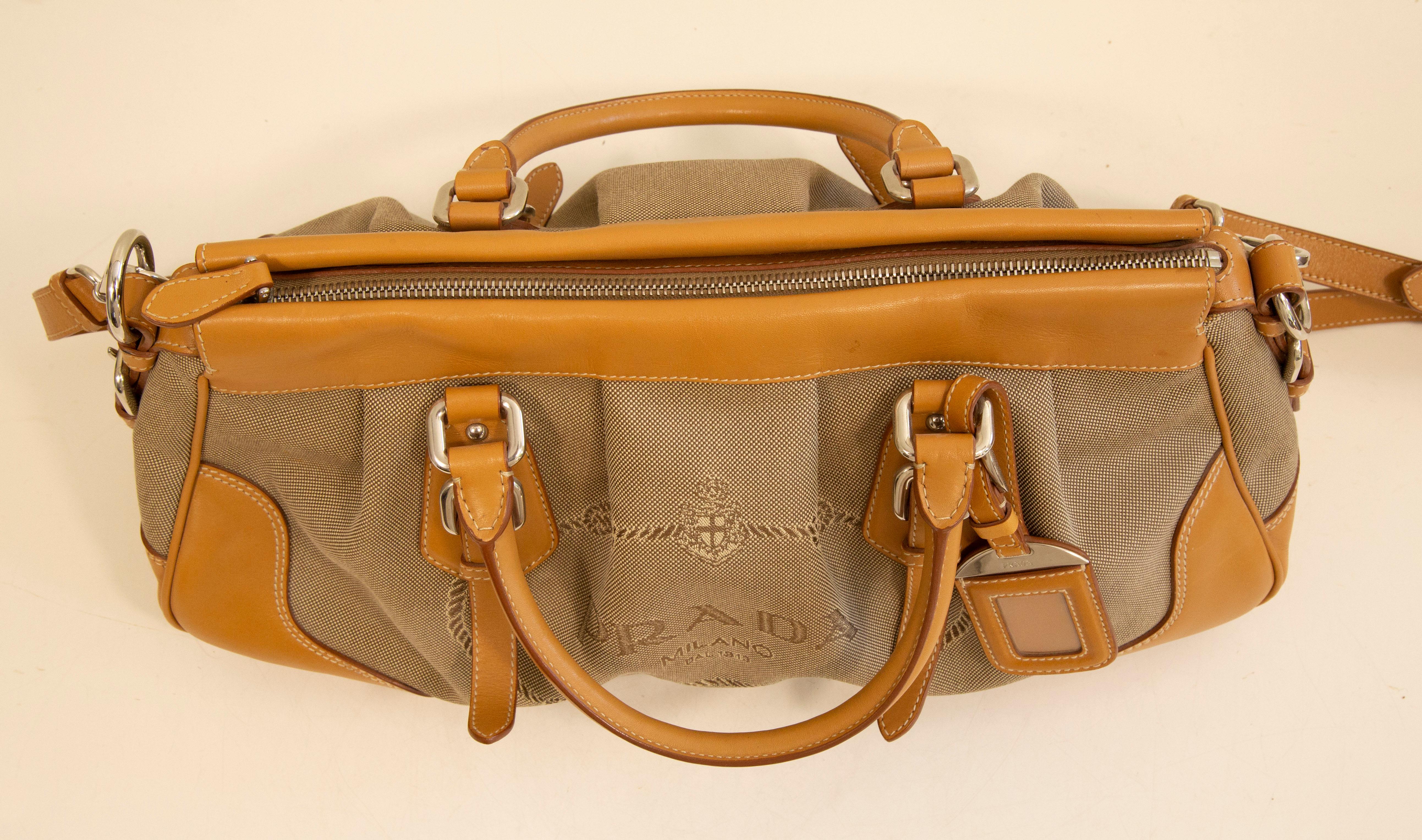 2000s Prada 2 Way Bag in Canvas and Tan Leather Trim 6