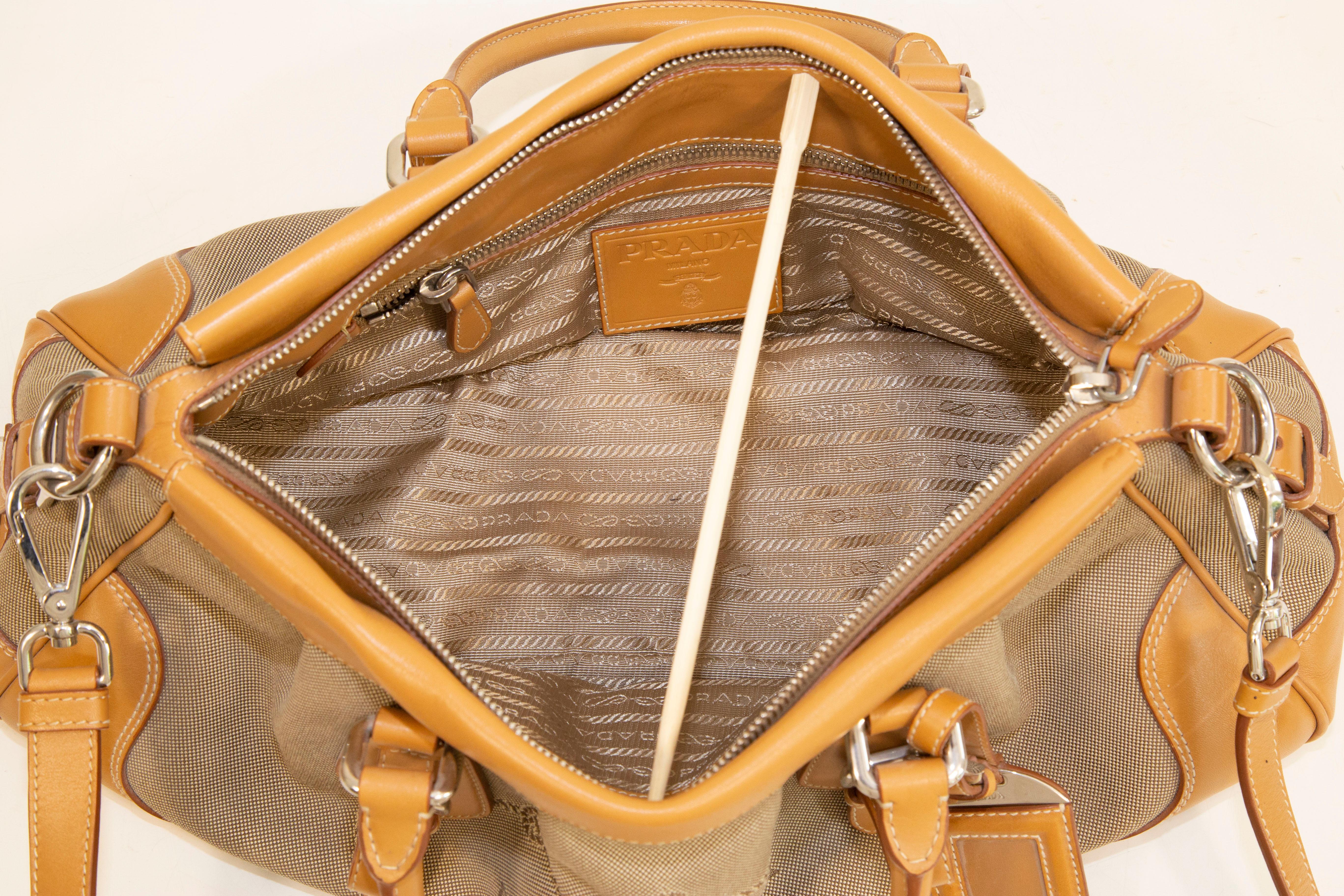 2000s Prada 2 Way Bag in Canvas and Tan Leather Trim 7