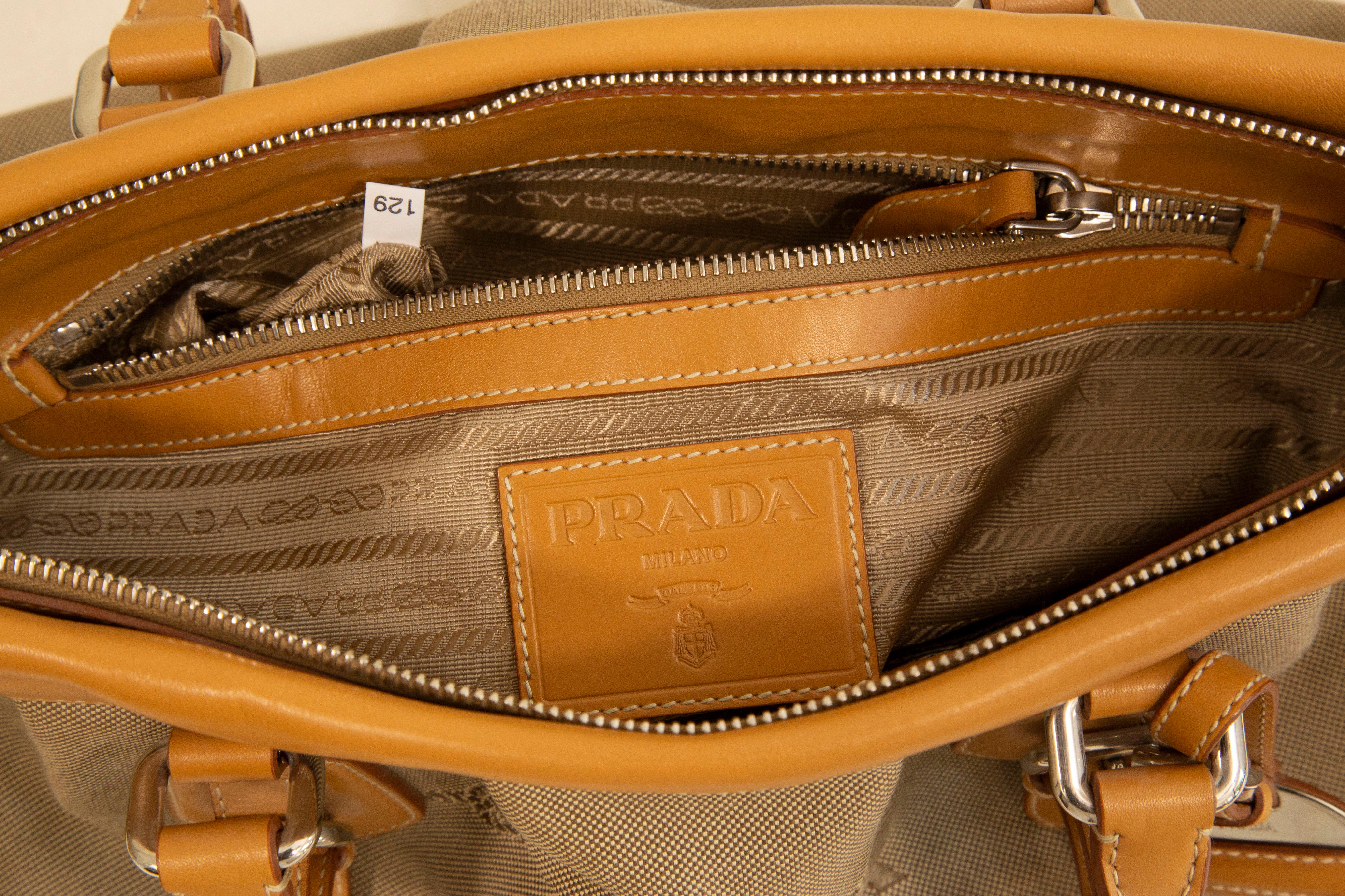 2000s Prada 2 Way Bag in Canvas and Tan Leather Trim 8