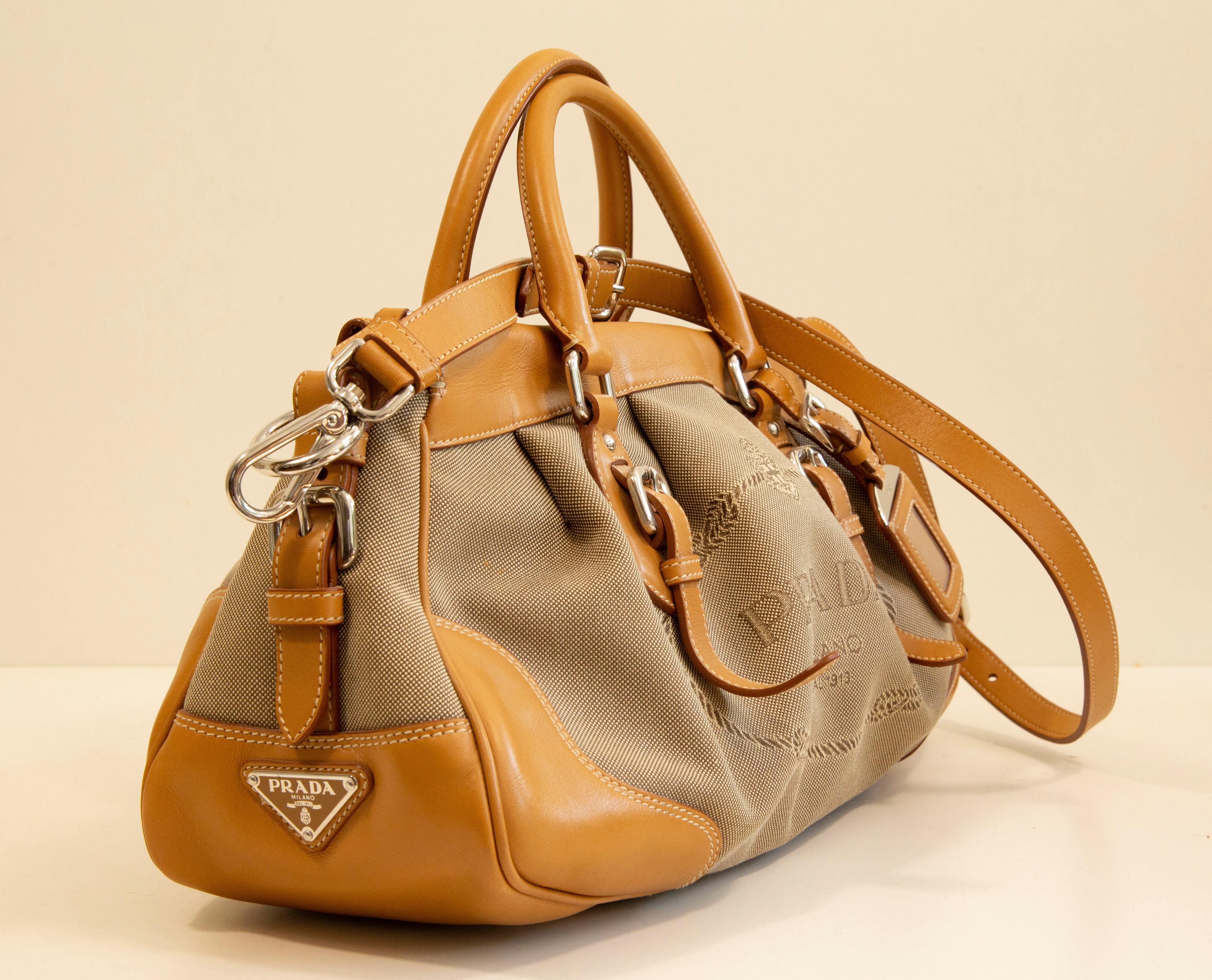 Brown 2000s Prada 2 Way Bag in Canvas and Tan Leather Trim