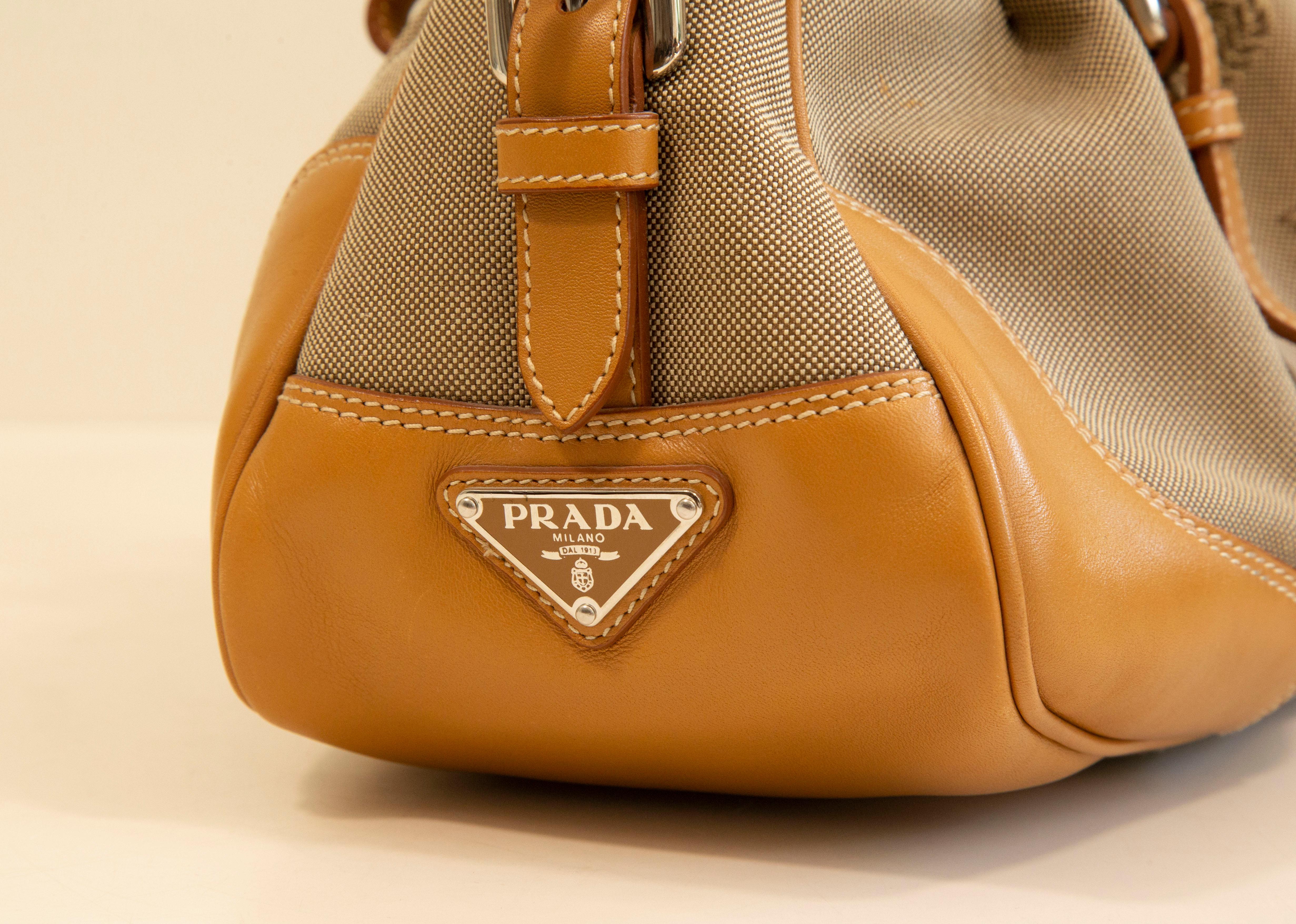 2000s Prada 2 Way Bag in Canvas and Tan Leather Trim In Good Condition In Arnhem, NL