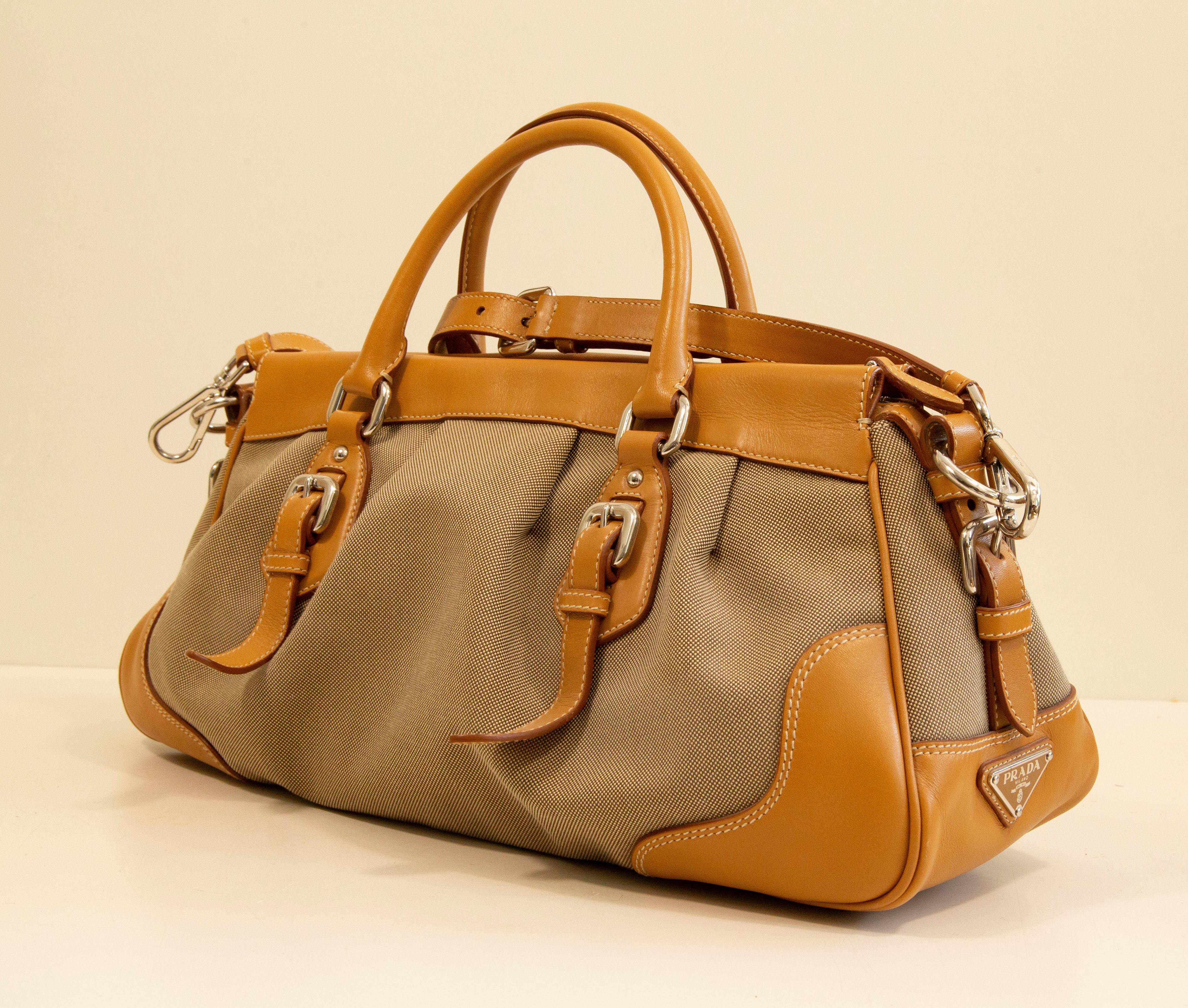 Women's or Men's 2000s Prada 2 Way Bag in Canvas and Tan Leather Trim