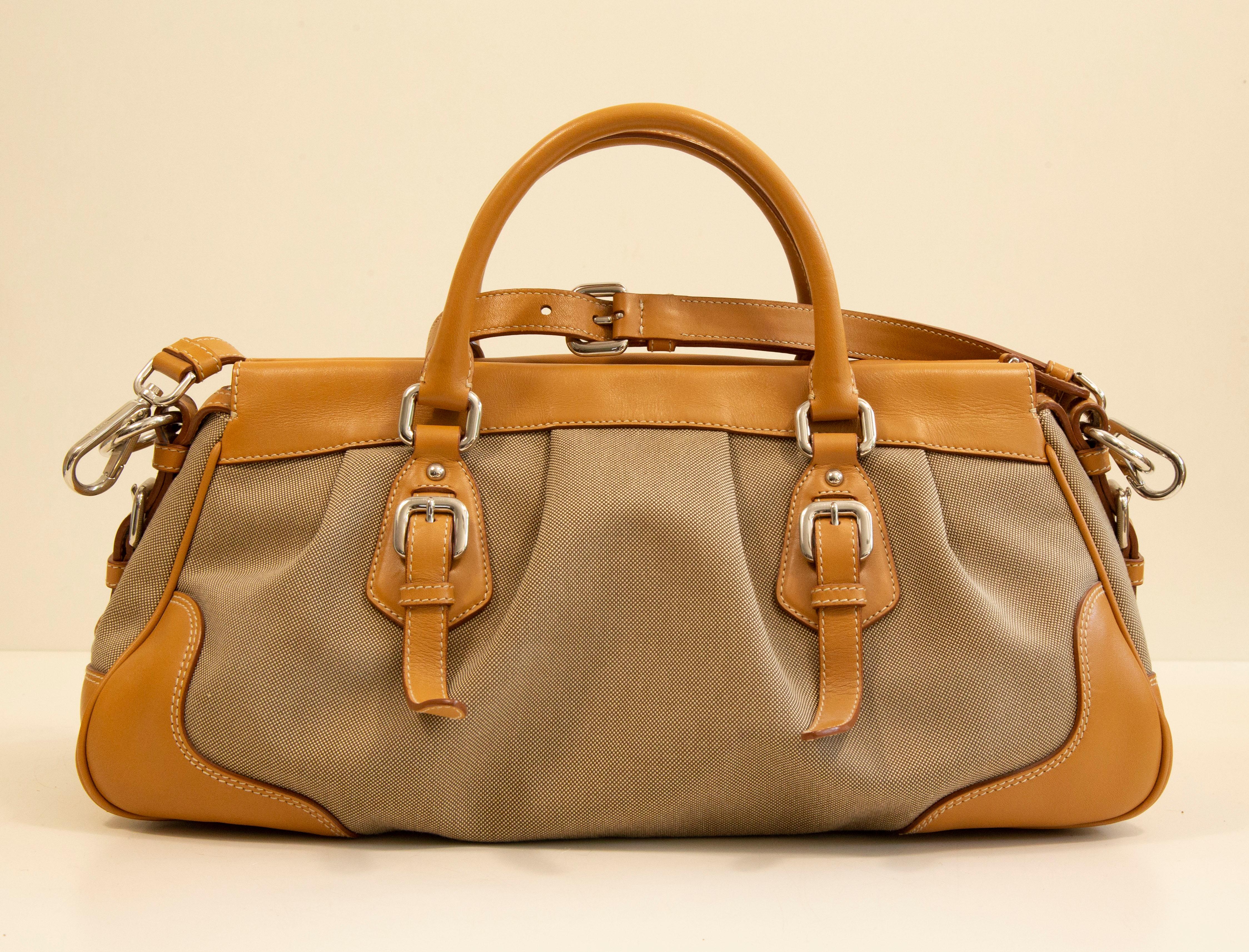 2000s Prada 2 Way Bag in Canvas and Tan Leather Trim 1
