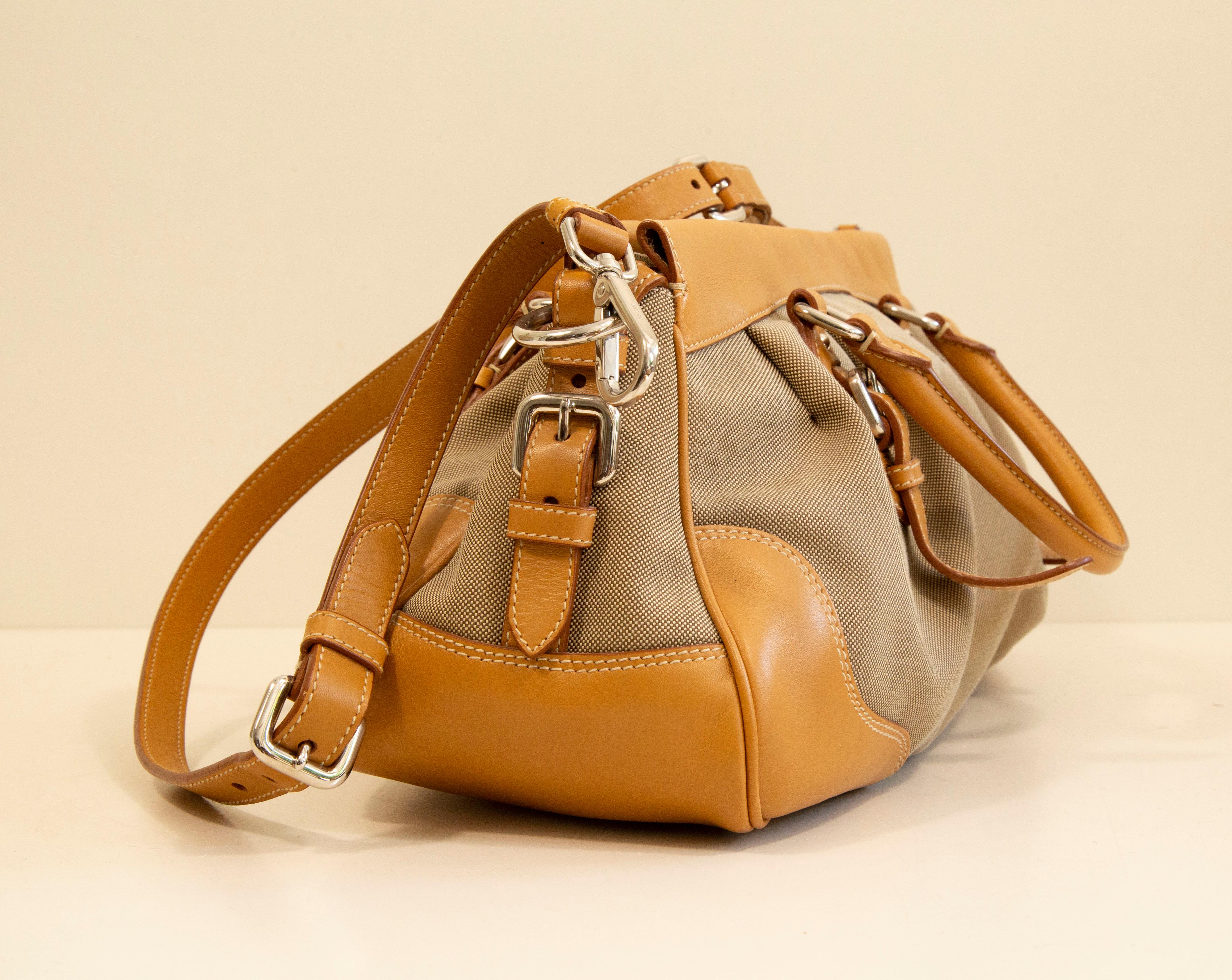 2000s Prada 2 Way Bag in Canvas and Tan Leather Trim 2