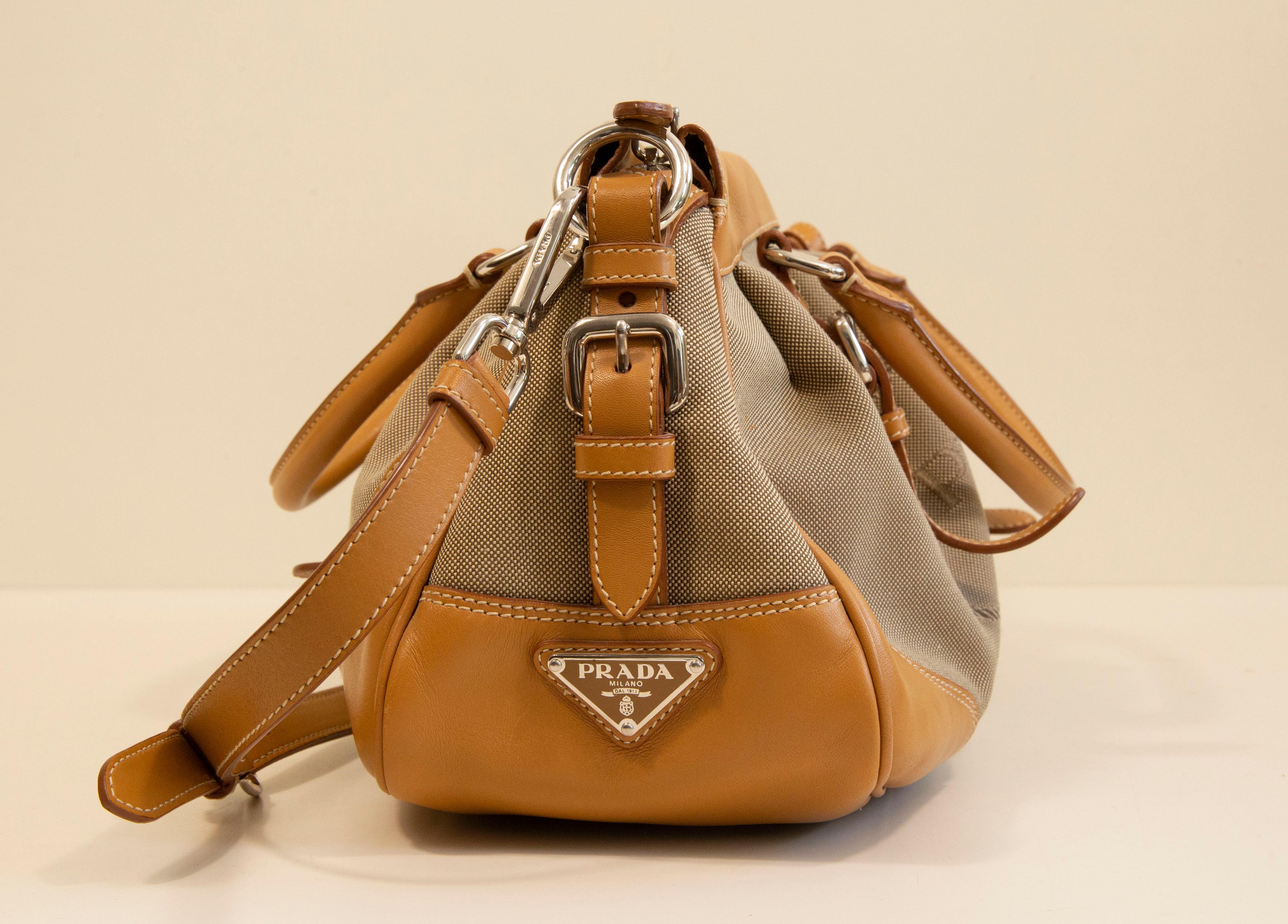2000s Prada 2 Way Bag in Canvas and Tan Leather Trim 4