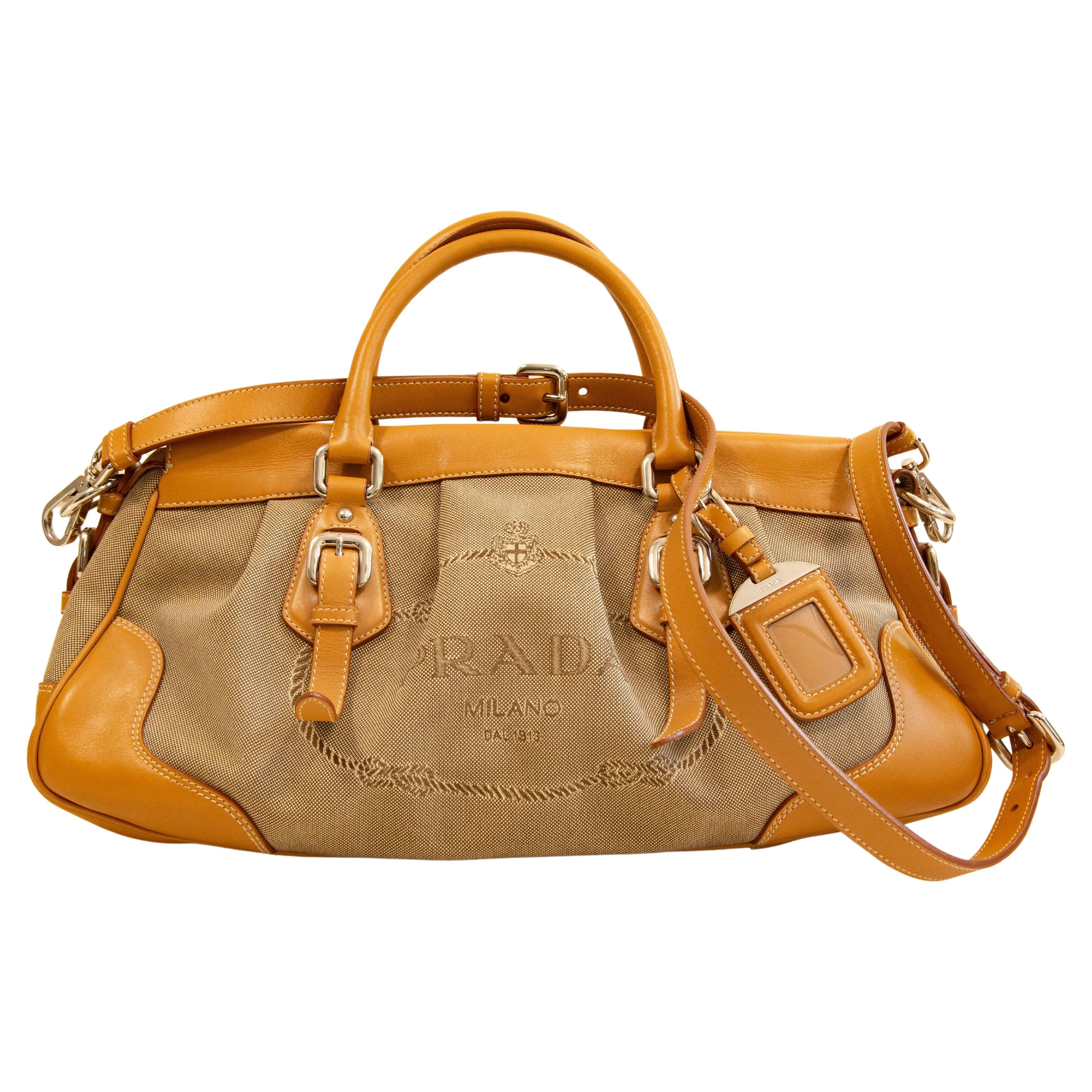 2000s Prada 2 Way Bag in Canvas and Tan Leather Trim