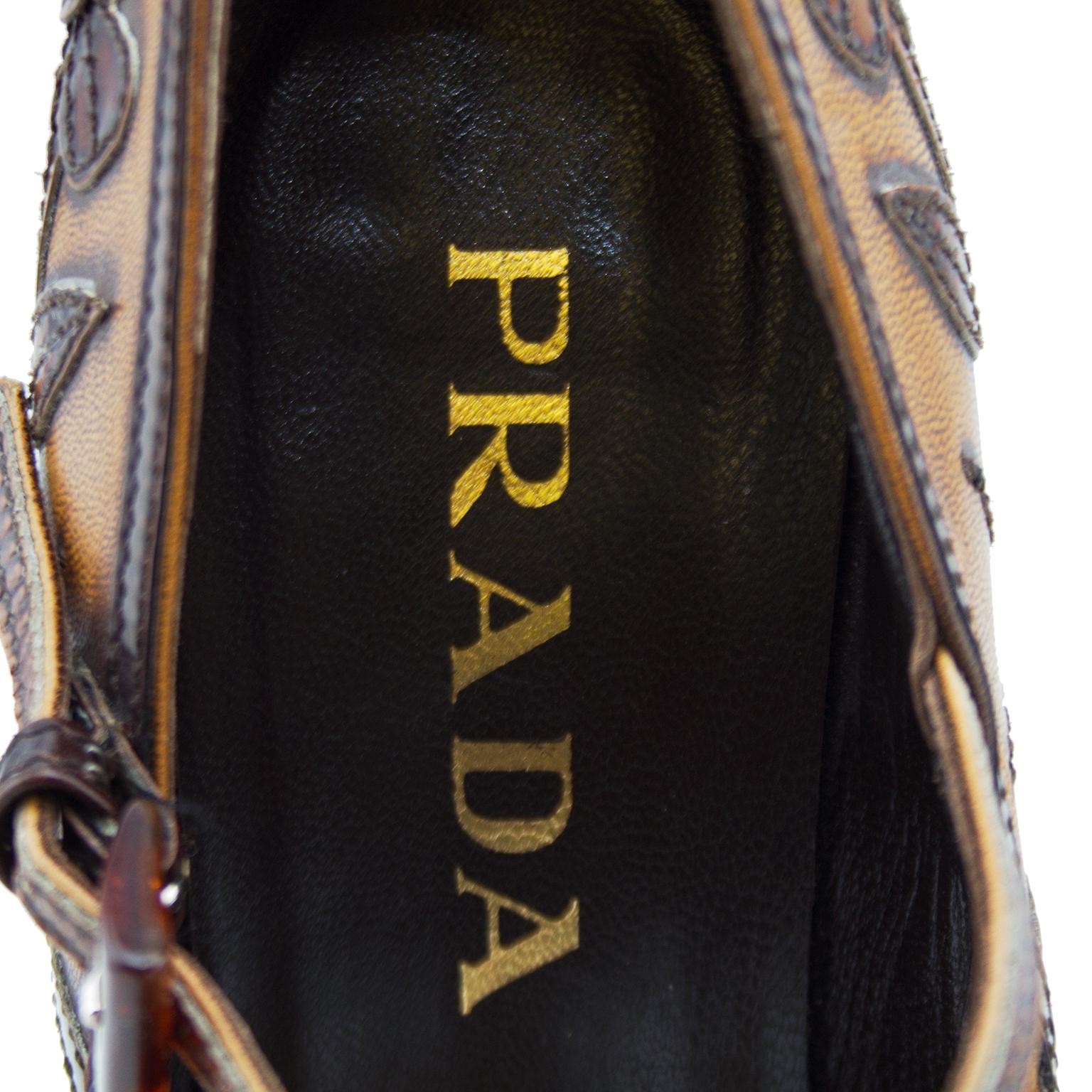 Brown 2000's Prada Appliqué Antiqued Leather Mary Janes
