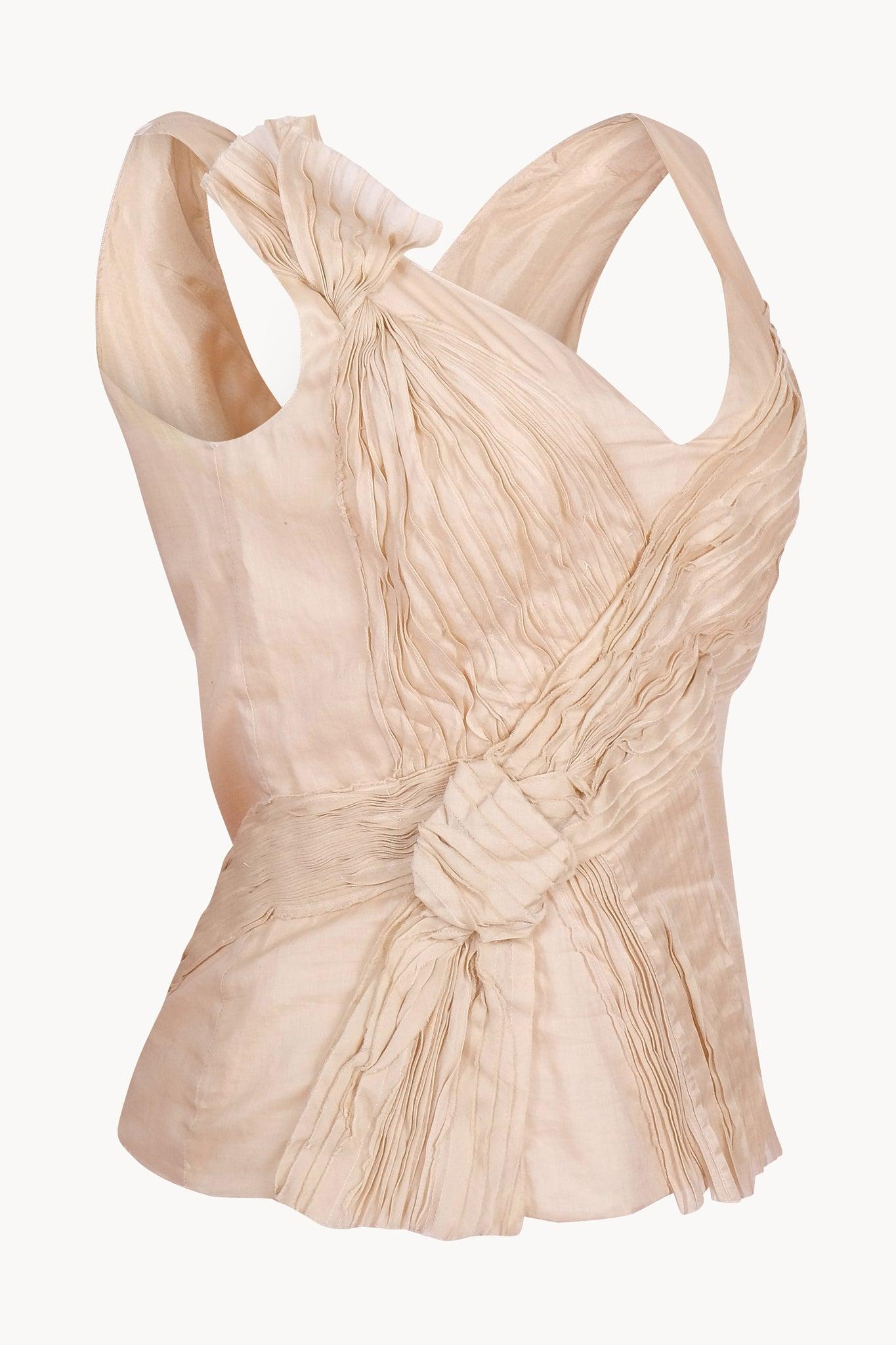 Beautiful and delicate 2000s Prada by Miuccia Prada beige pleated cotton tank top. Features very intricate pleating details on front, minimal straight shape and V shape collar. Easy to wear with skirts, jeans and any kind of pants. 