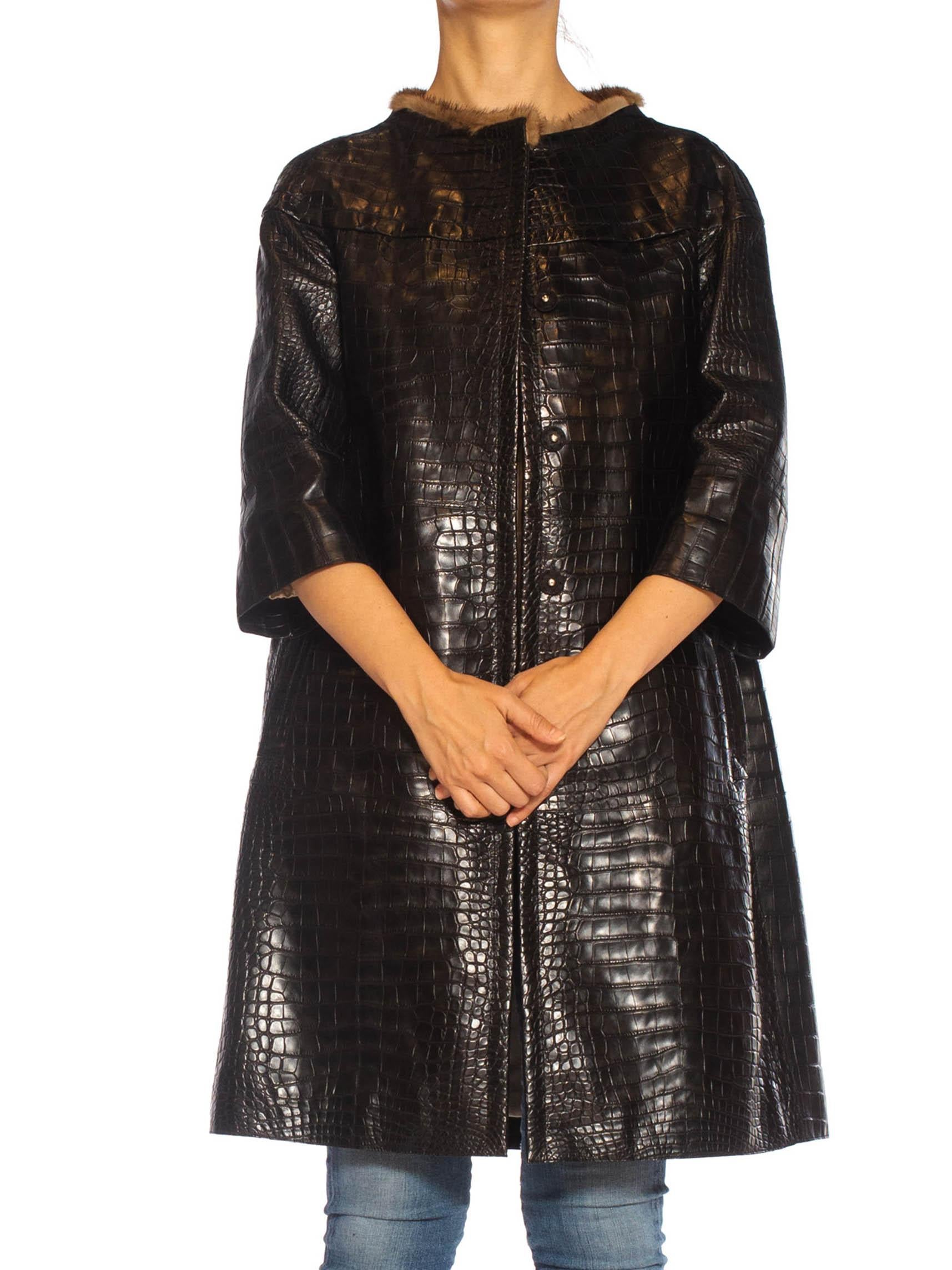 2000S PRADA Black Alligator Leather Straight '60S Cut Coat With Mink Trim For Sale 1