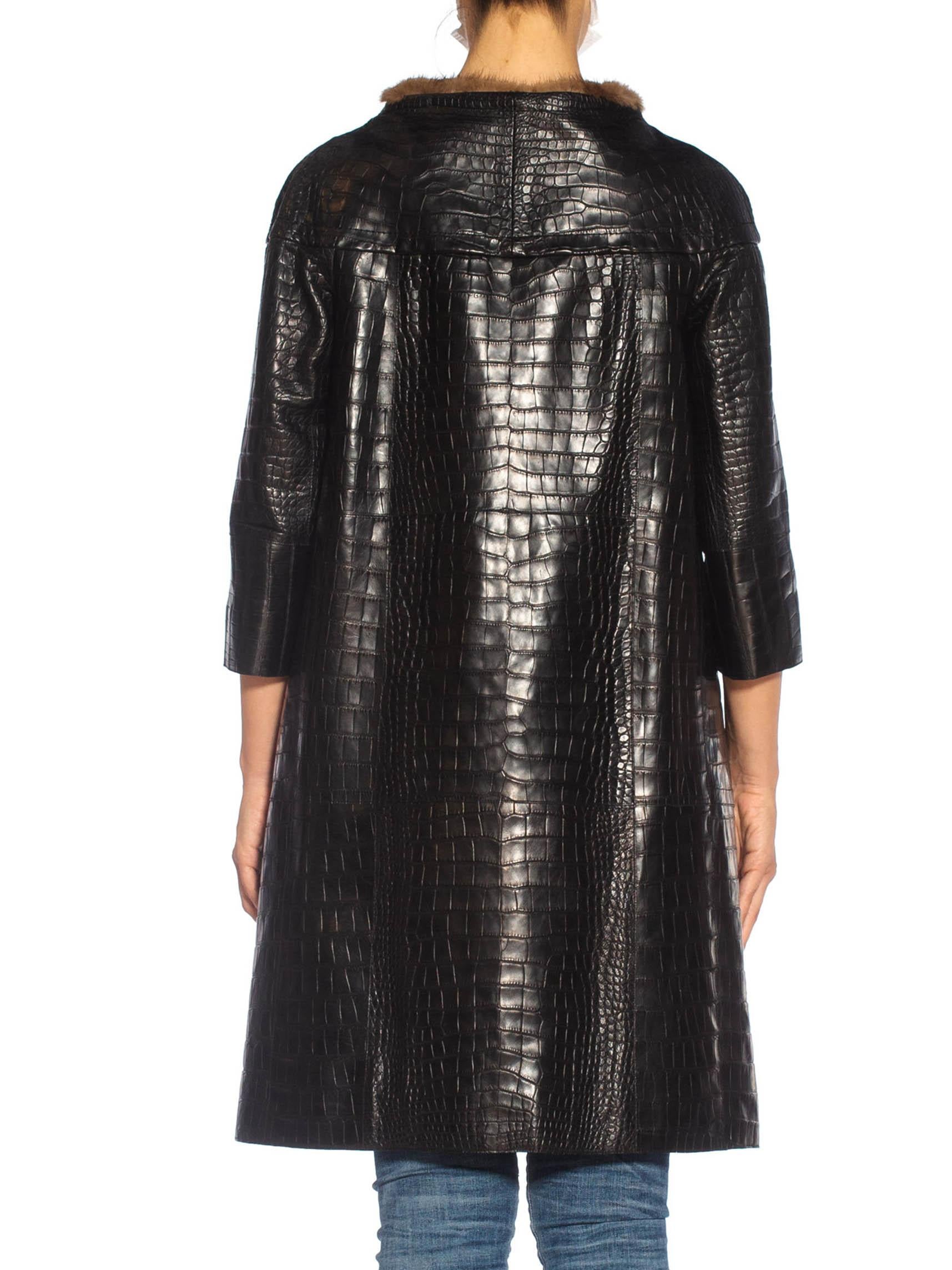 PRADA Manteau droit en cuir d'alligator noir des années 60 avec bordure en vison, années 2000 en vente 5