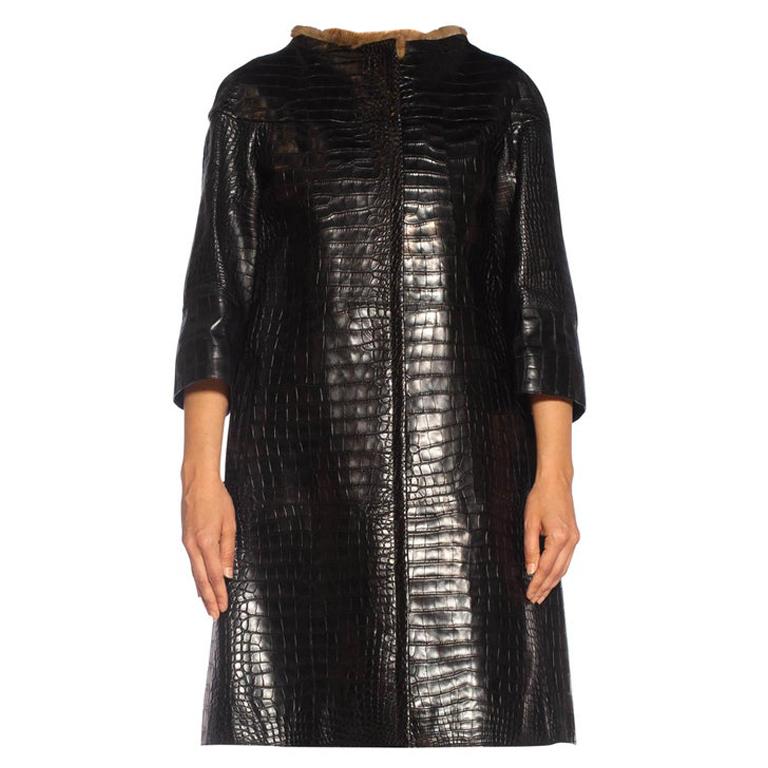 2000S PRADA Black Alligator Leather Straight '60S Cut Coat With Mink Trim For Sale