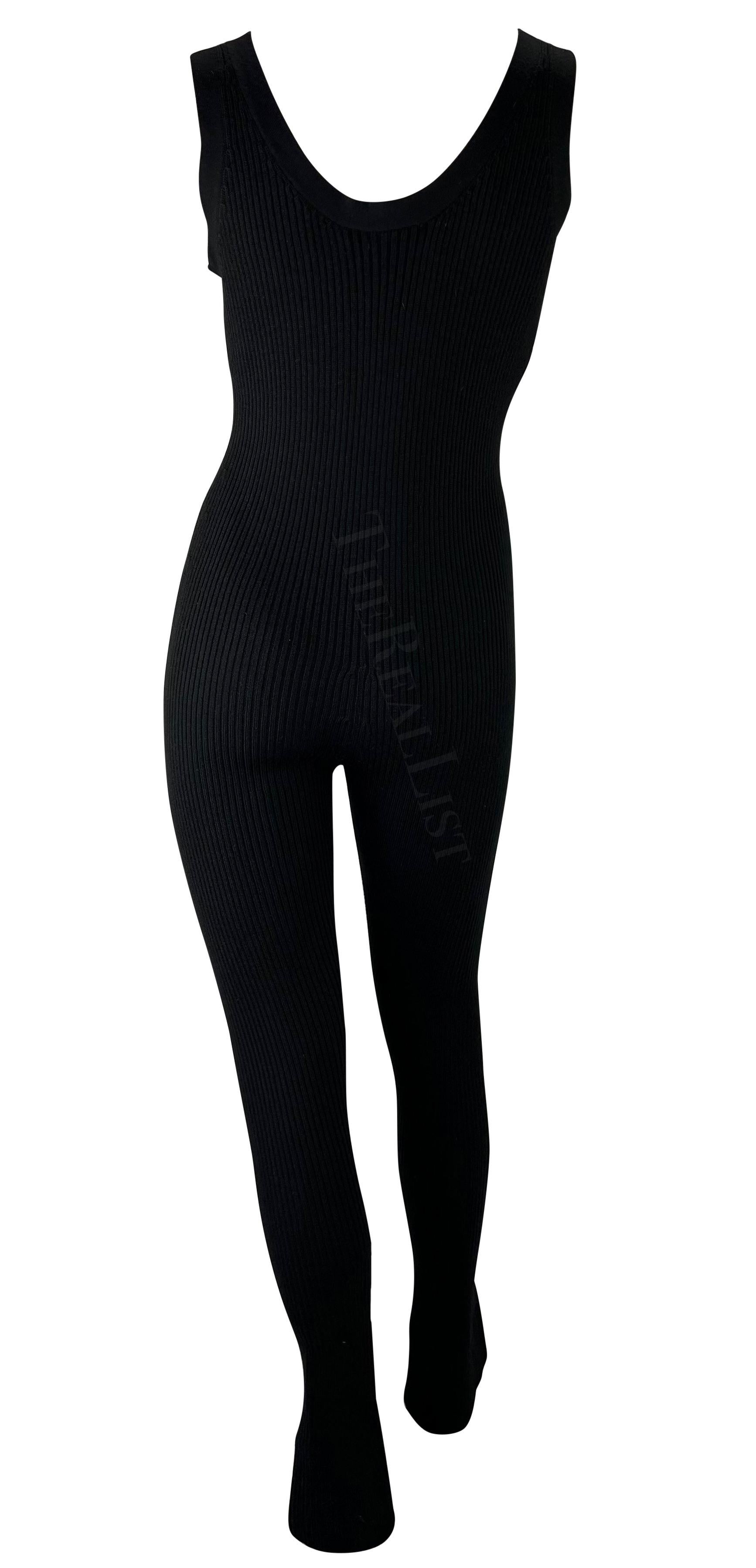 2000s Prada Black Ribbed Knit Stretch Tank Bell Bottom Catsuit Stirrup In Excellent Condition For Sale In West Hollywood, CA