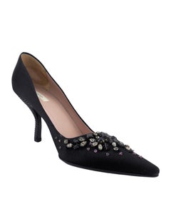 2000s Prada Black Satin Pumps with Jewels and Studded Heels