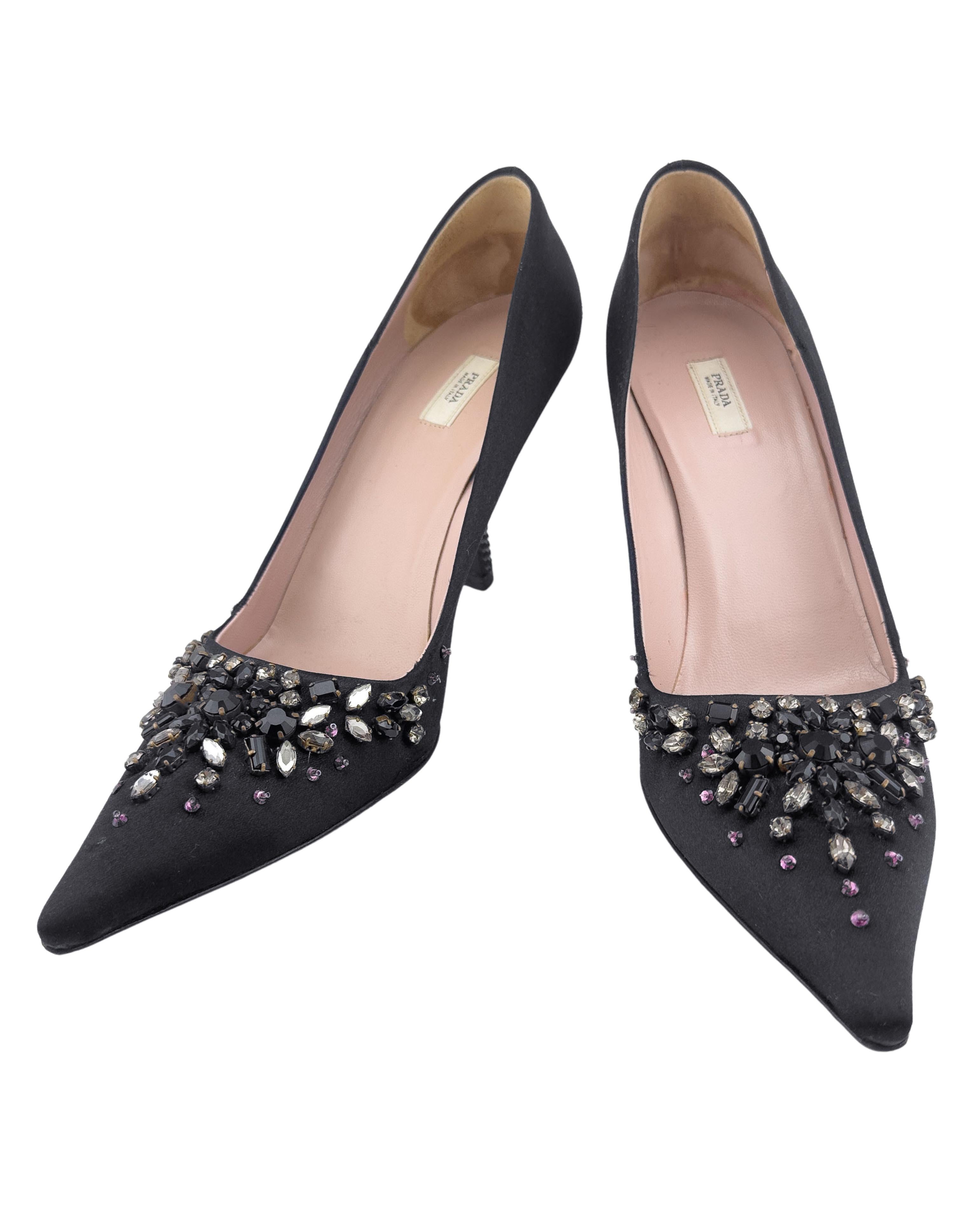 2000s Prada Black Satin Pumps with Jewels and Studded Heels In Fair Condition For Sale In Toronto, Ontario