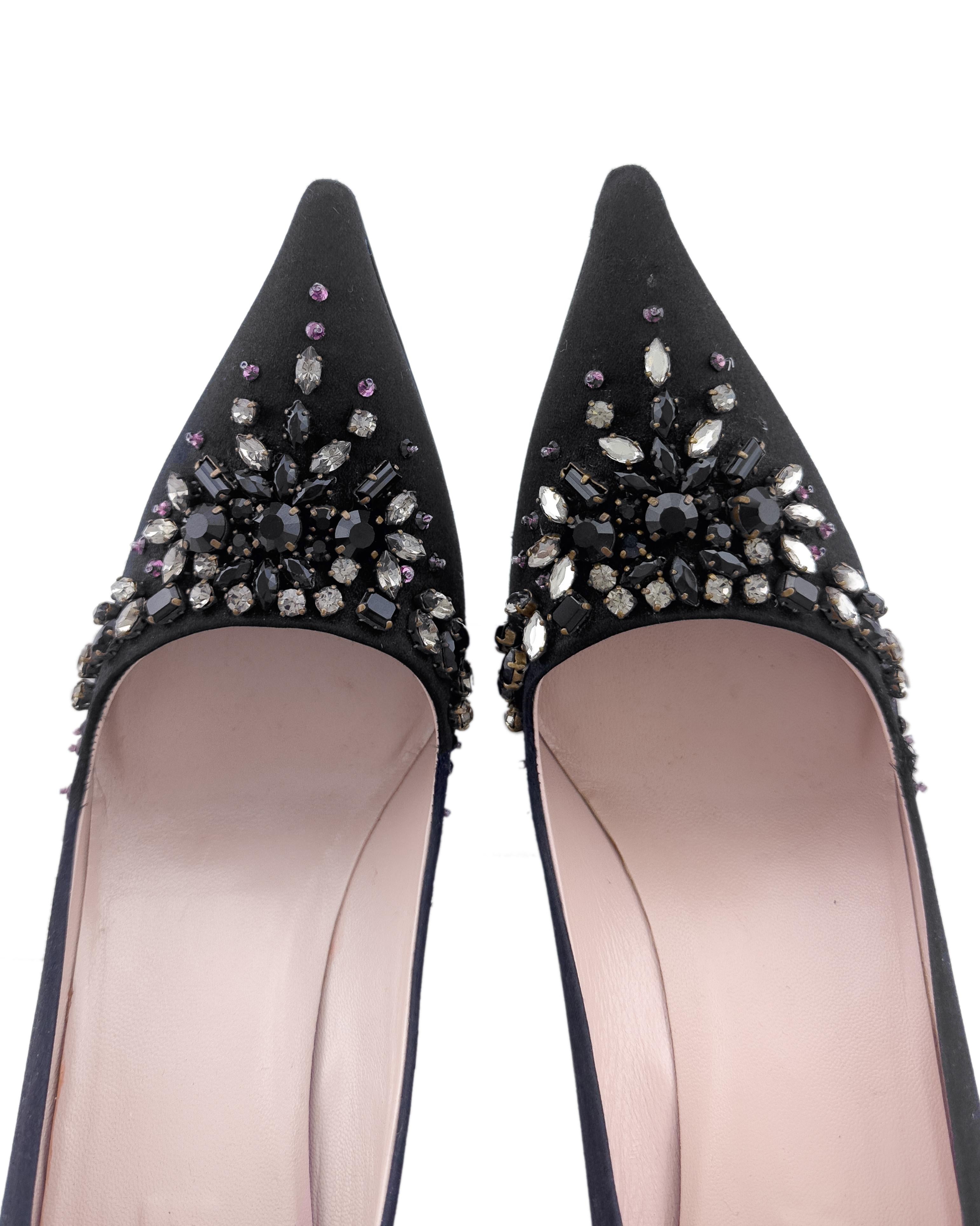 Women's 2000s Prada Black Satin Pumps with Jewels and Studded Heels For Sale
