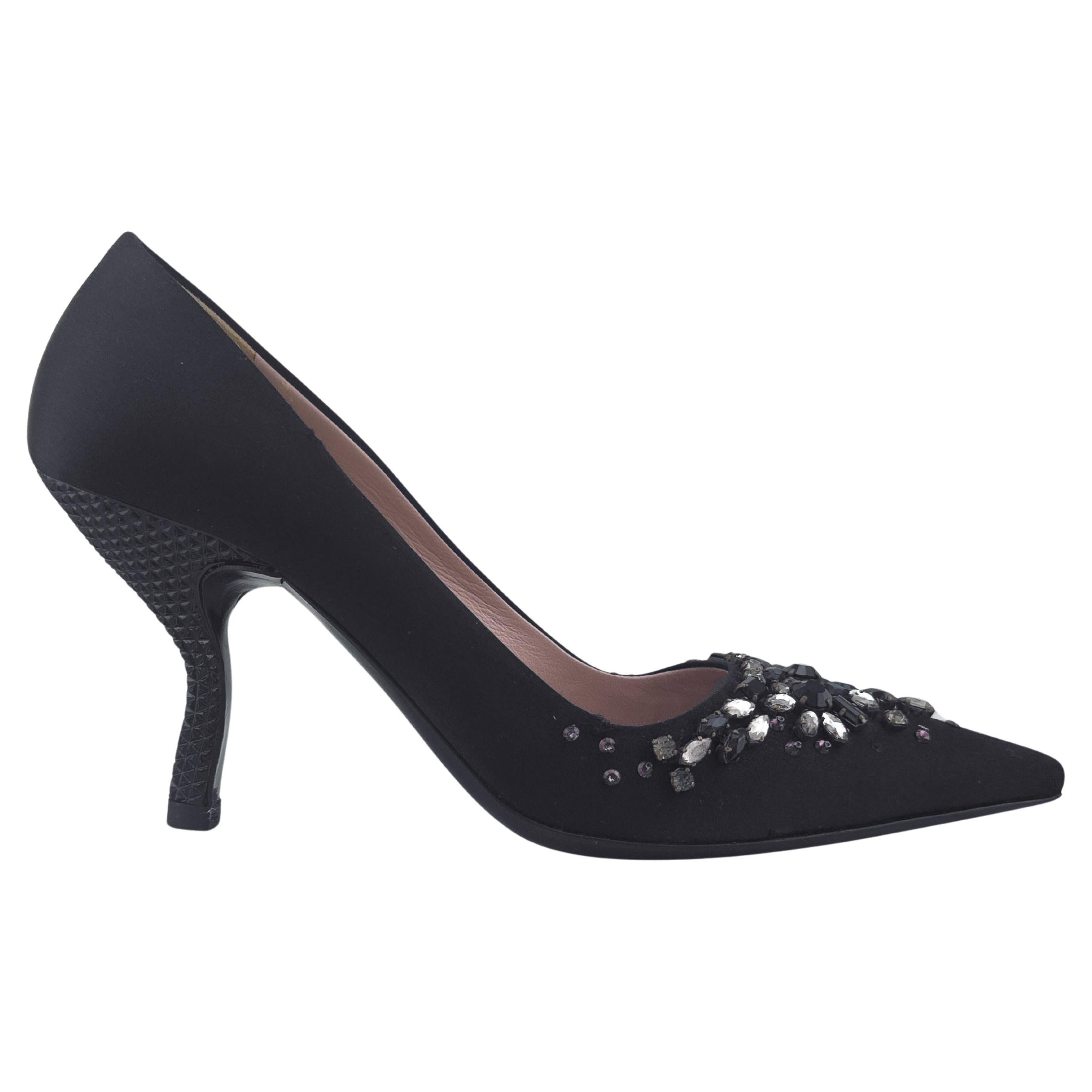 2000s Prada Black Satin Pumps with Jewels and Studded Heels For Sale