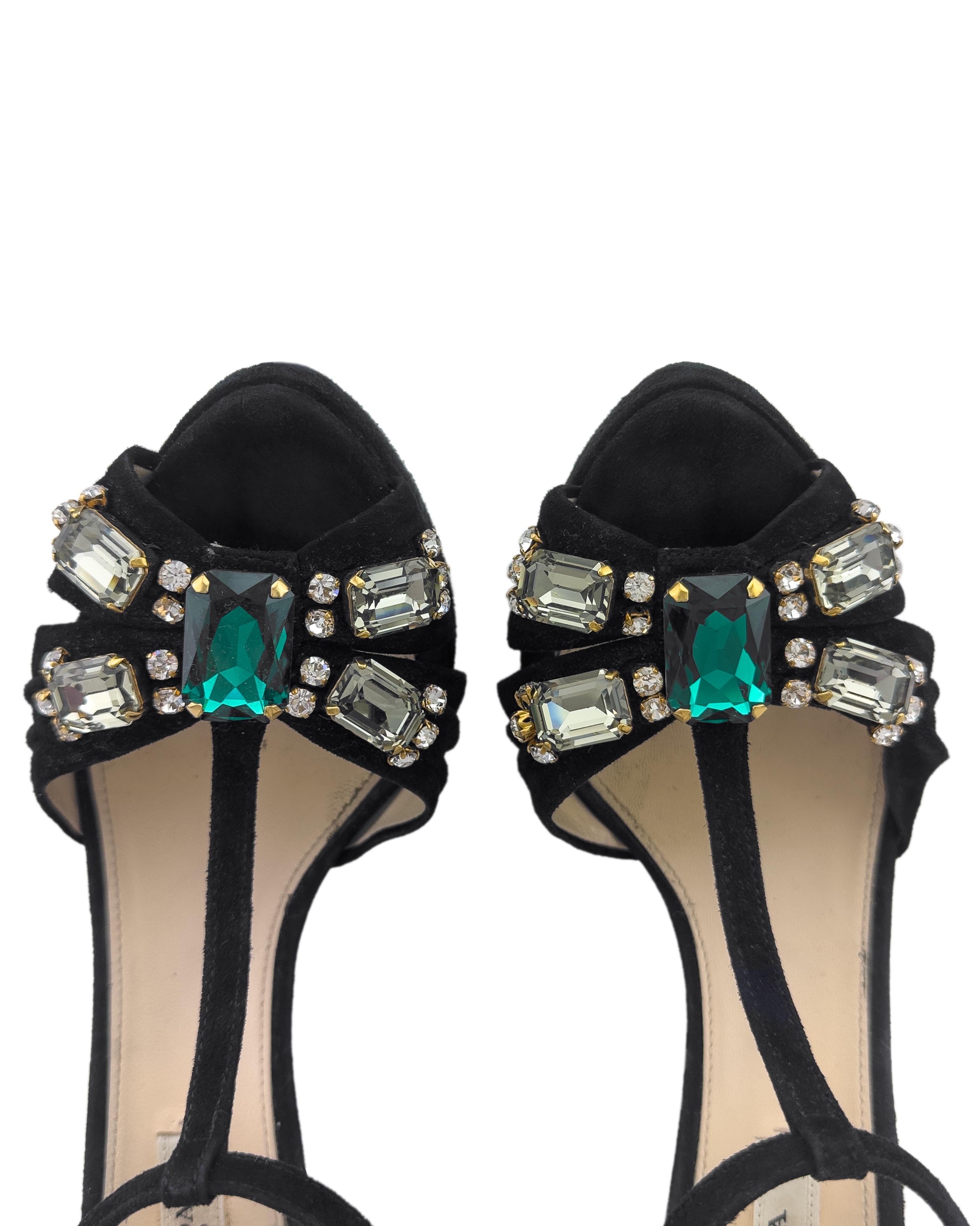 Women's 2000's Prada Black Suede Platform Heels with Jewels For Sale