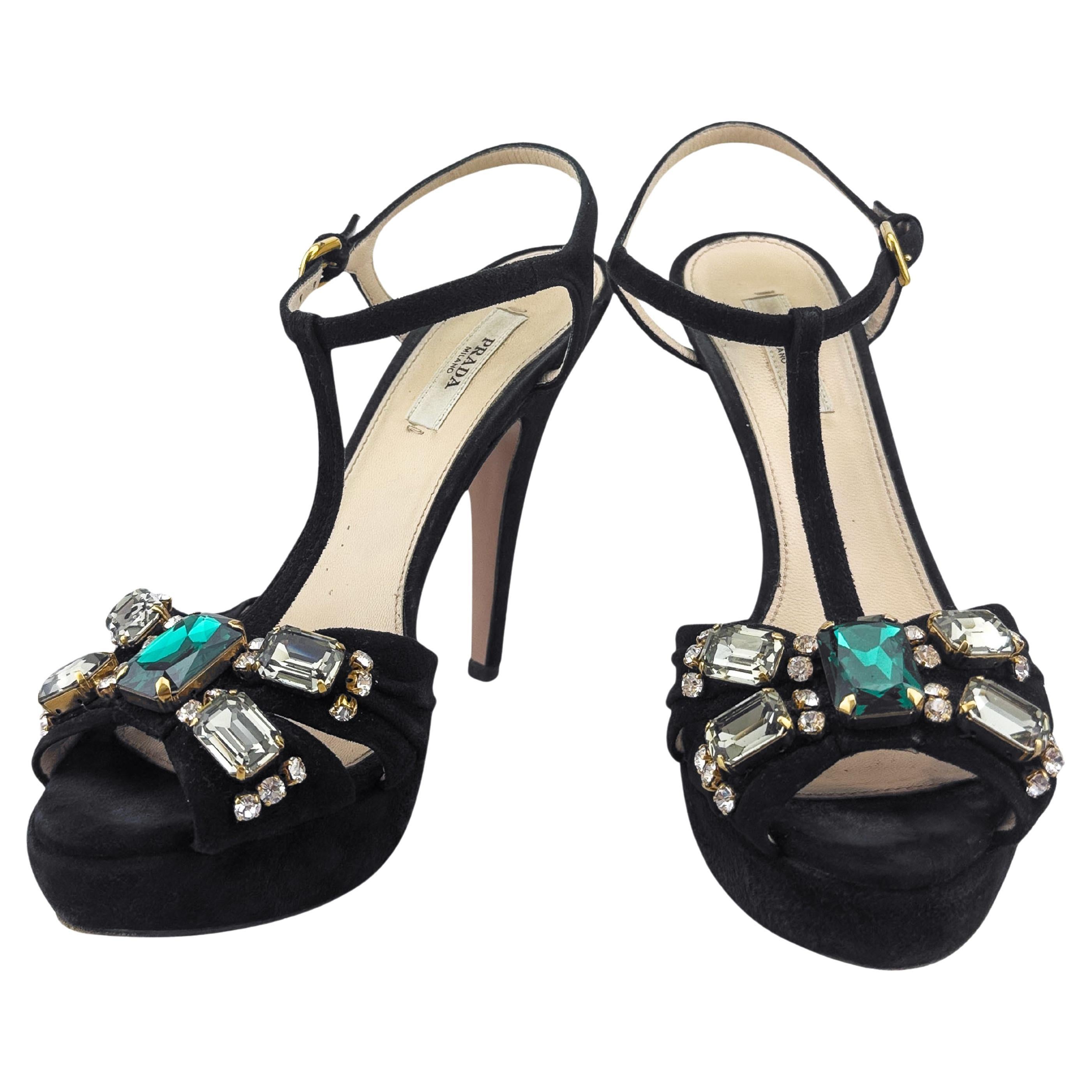2000's Prada Black Suede Platform Heels with Jewels For Sale