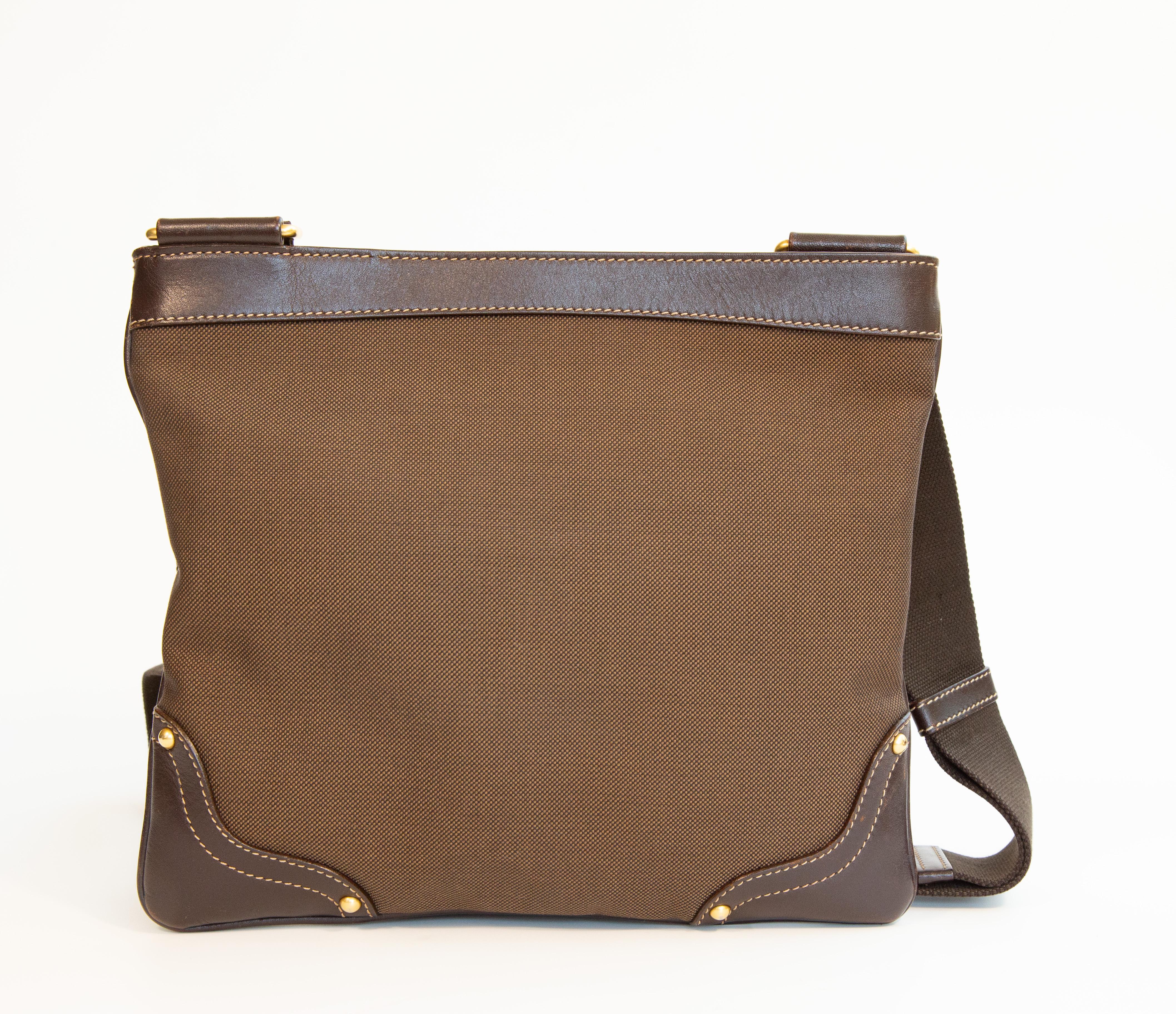 Marron 2000s Prada Brown Canvas and Leather Crossbody Bag en vente