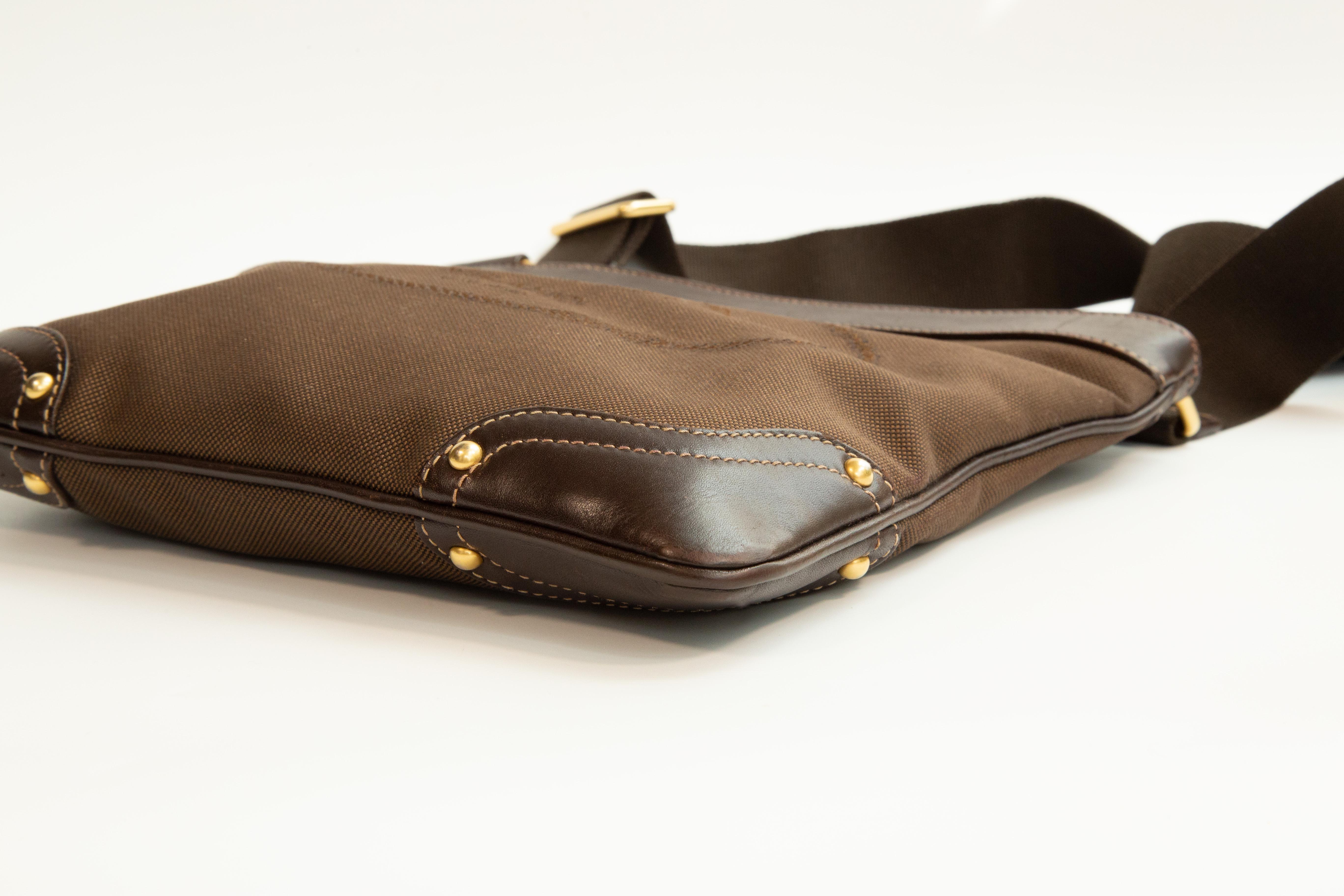 2000s Prada Brown Canvas and Leather Crossbody Bag en vente 4