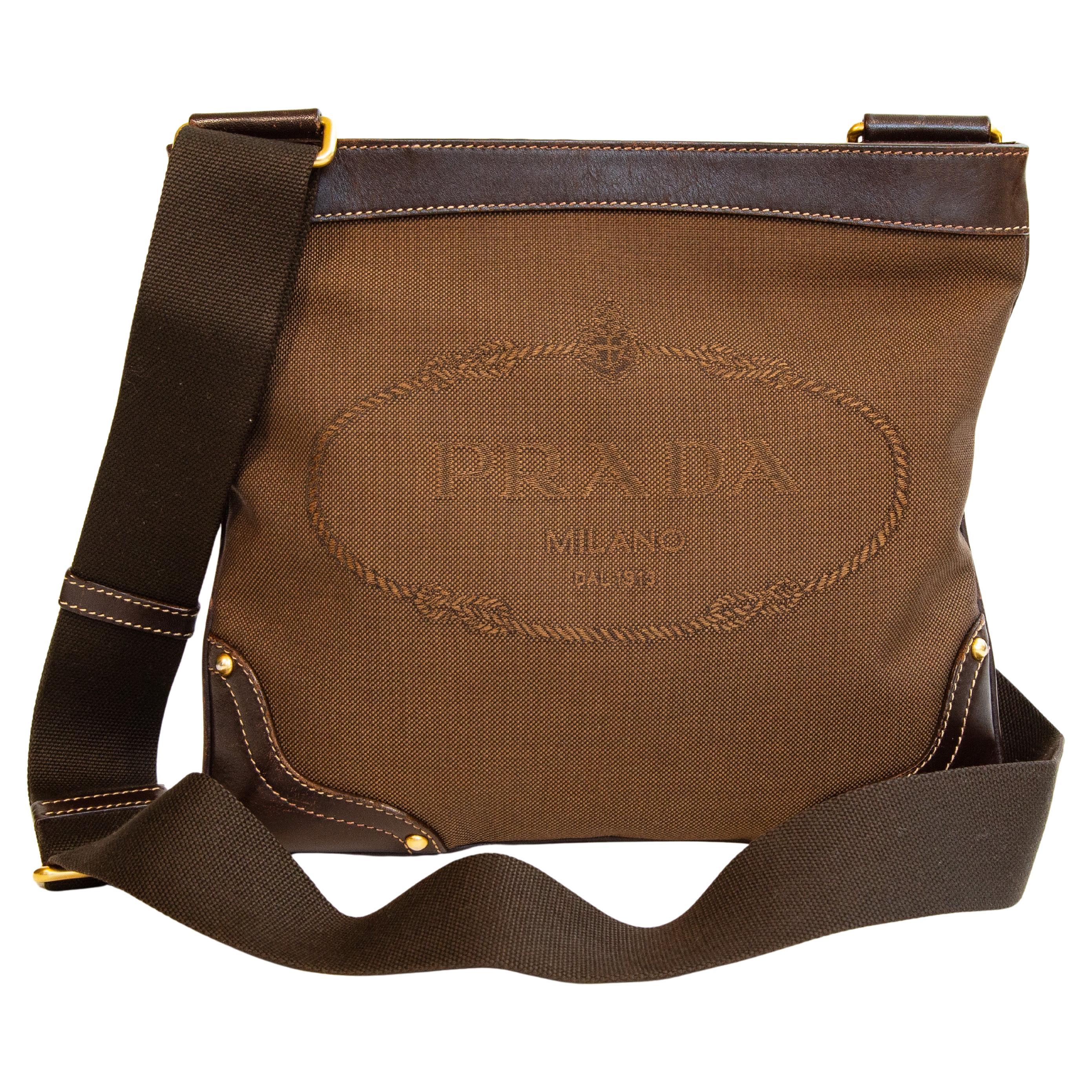2000s Prada Brown Canvas and Leather Crossbody Bag