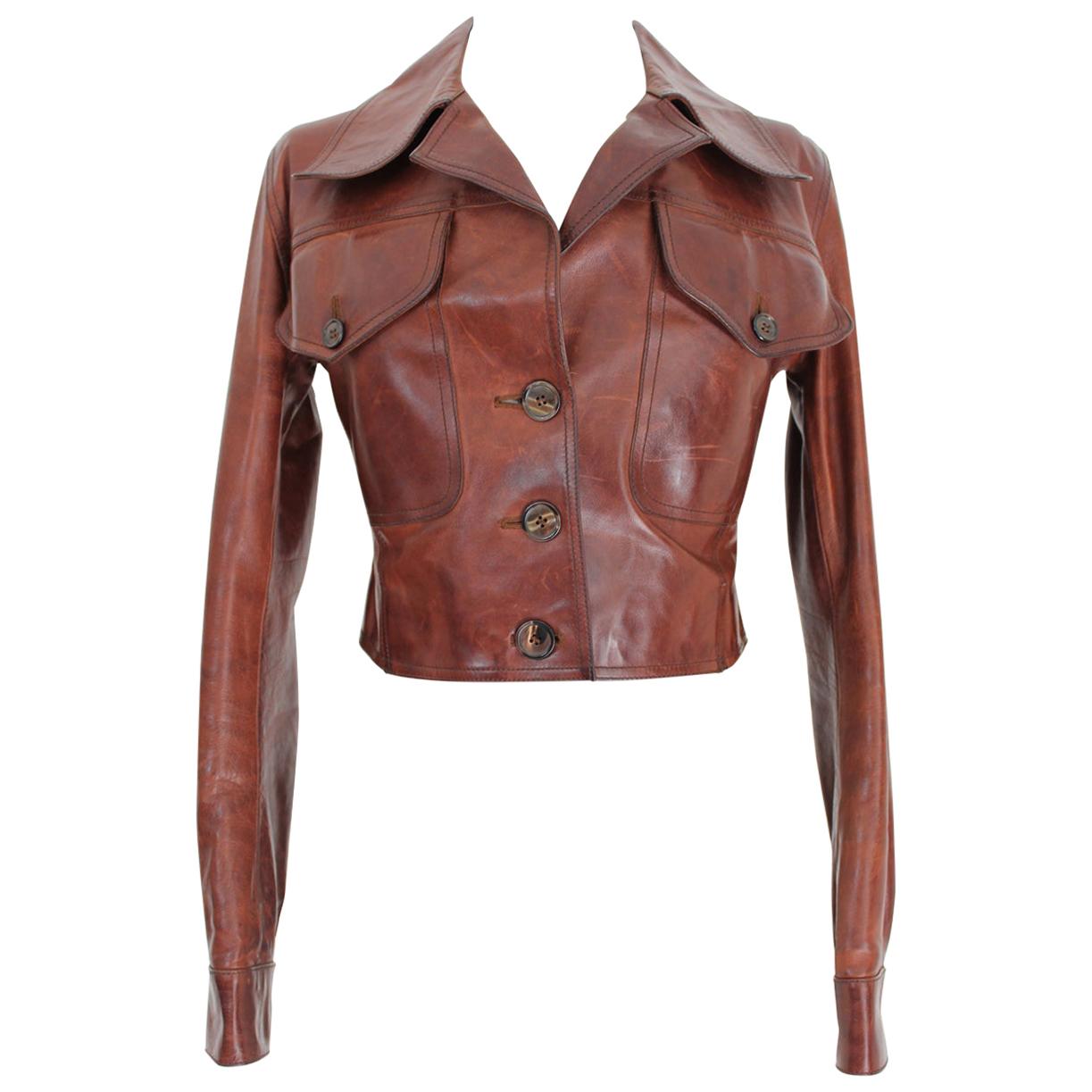 2000s Prada Brown Leather Cropped Short Waist Model Bikers Jacket 