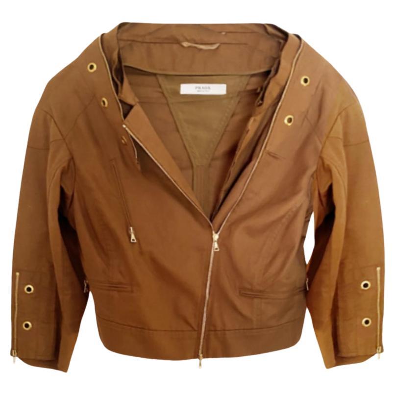 2000s Prada Brown Tobacco Cotton Cropped Goldware Jacket For Sale