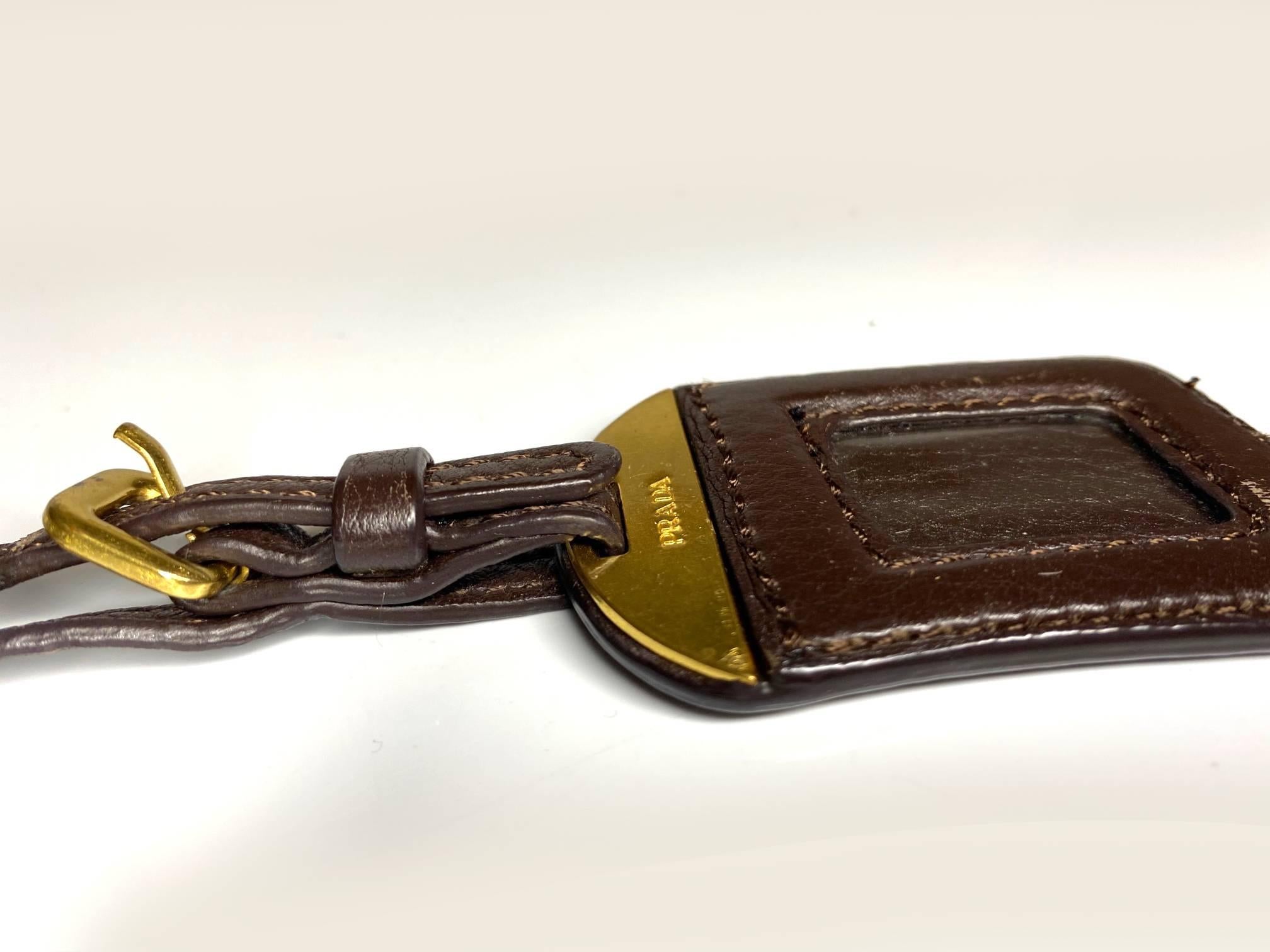 2000s Prada Chocolate Brown Leather Luggage Tag For Sale 1