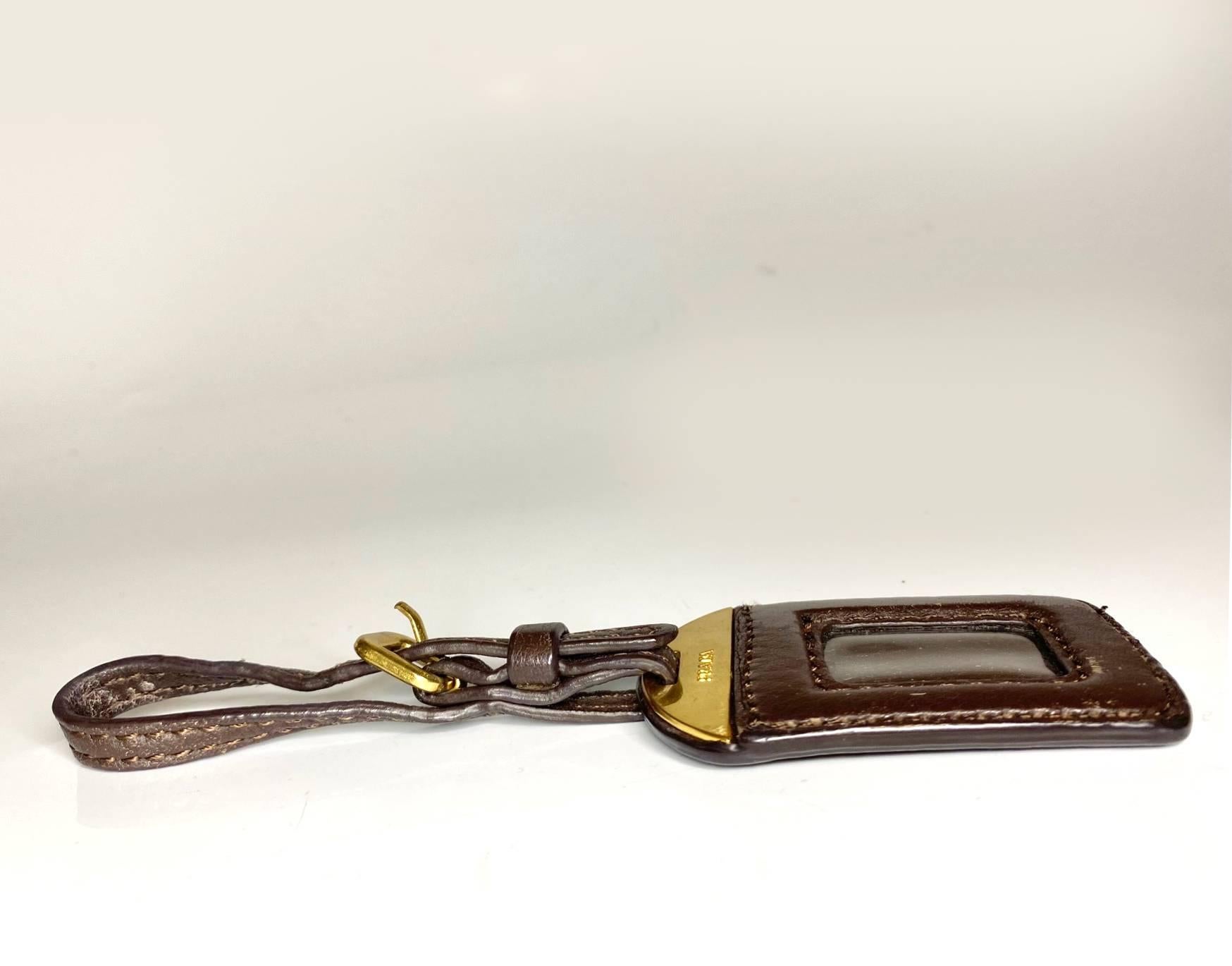 2000s Prada Chocolate Brown Leather Luggage Tag For Sale 2