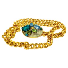 2000s Prada Gold Metal Chunky Chain Gemstone Buckle Jewel Belt 