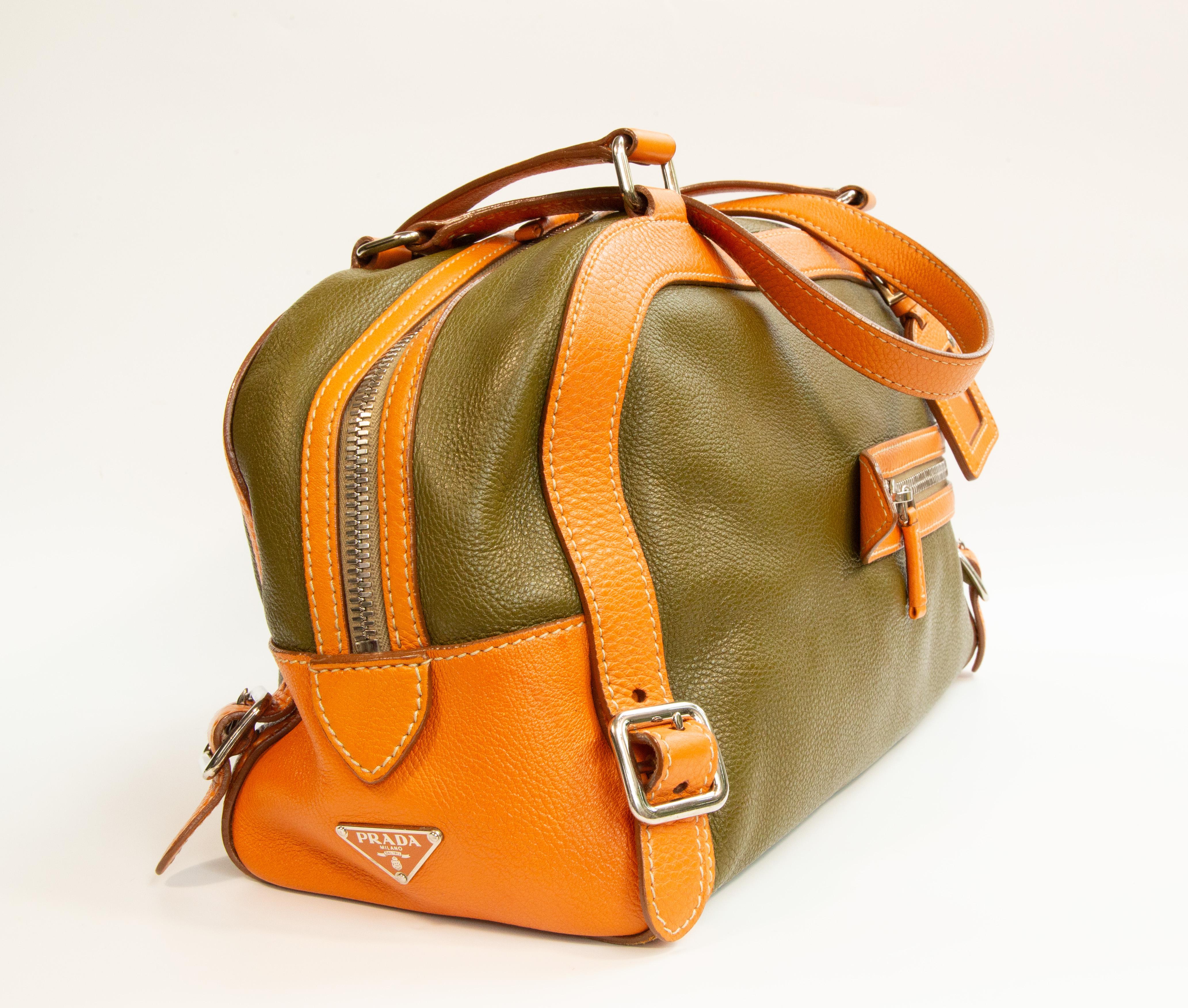 Brown 2000s Prada Green and Orange Leather Shoulder Bag For Sale