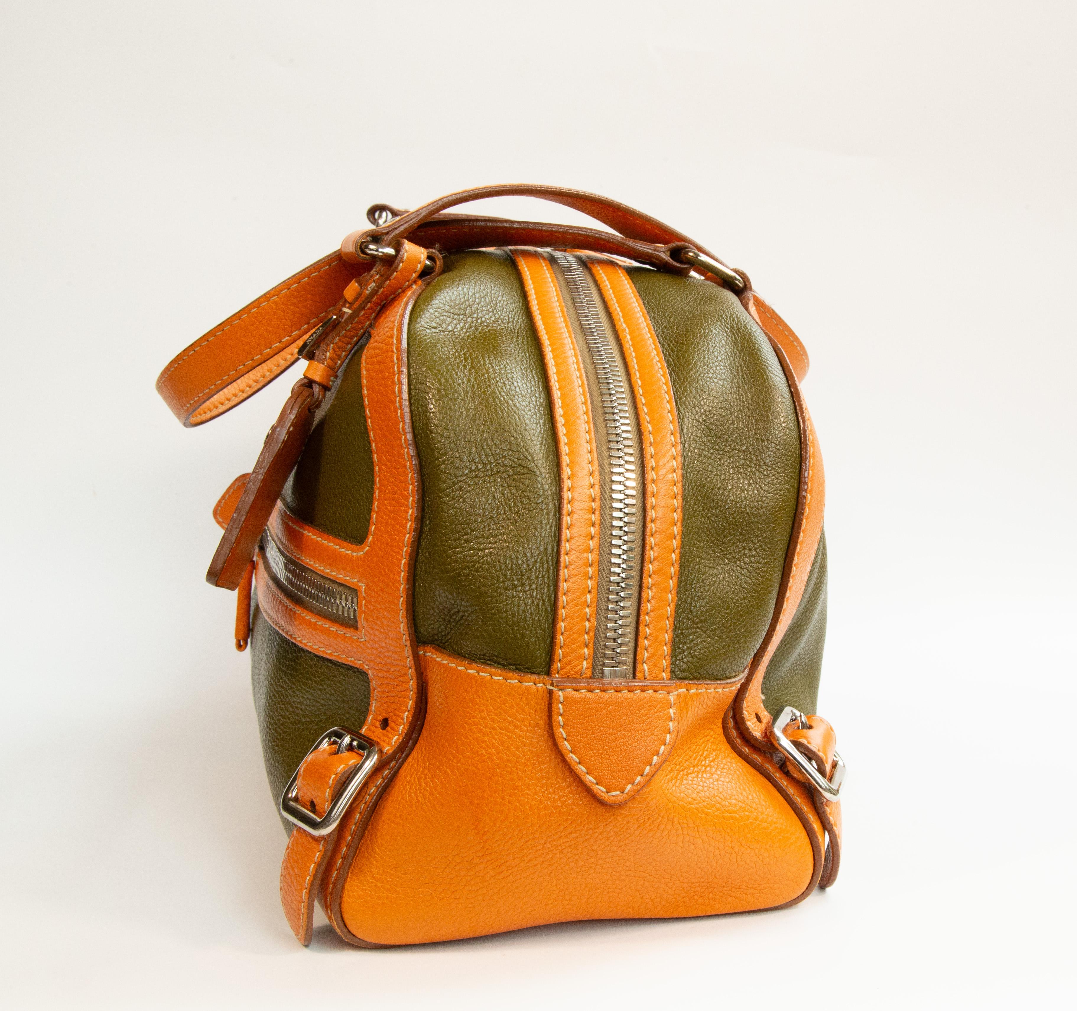 2000s Prada Green and Orange Leather Shoulder Bag For Sale 1