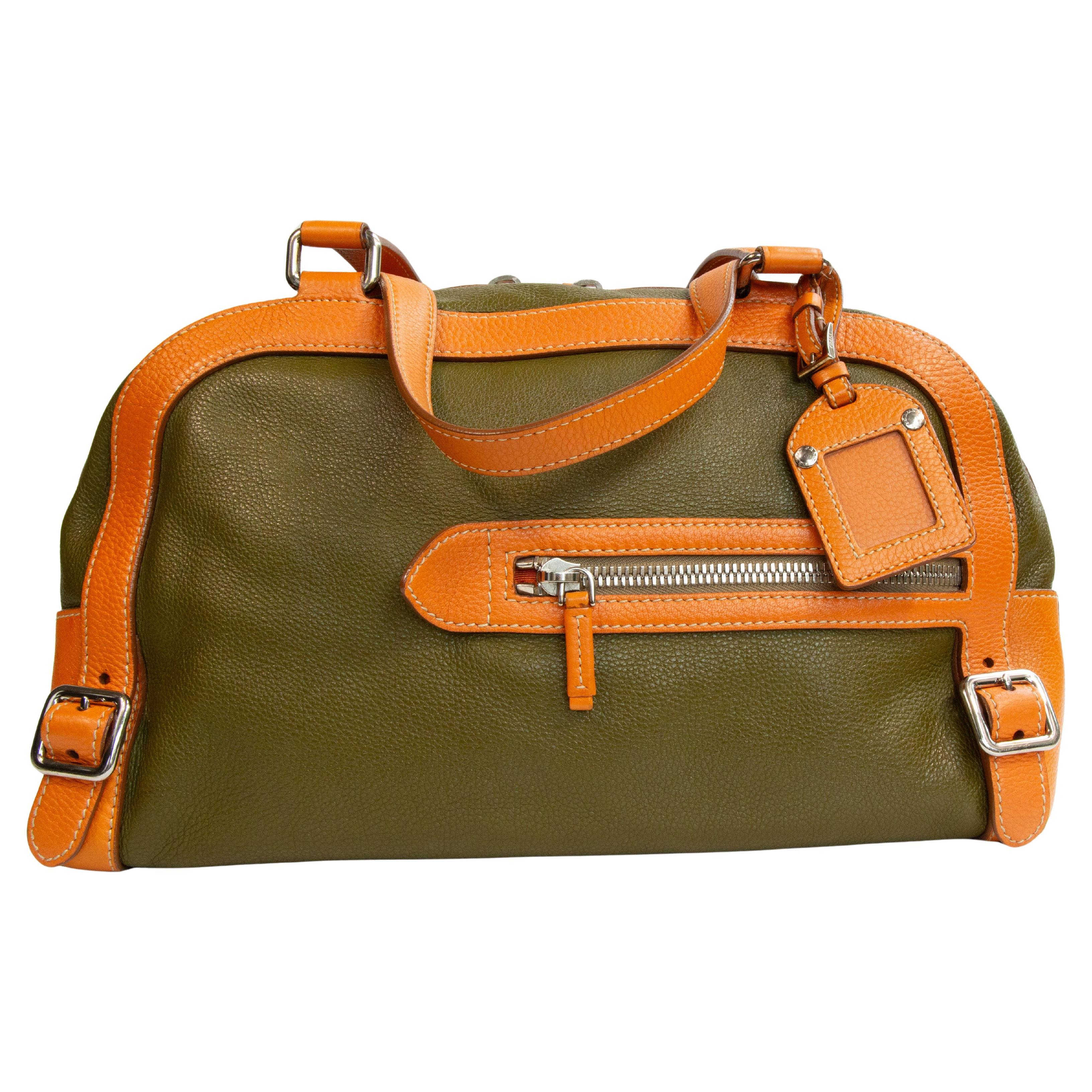 2000s Prada Green and Orange Leather Shoulder Bag For Sale