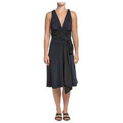 2000S PRADA Navy Blue & Black Silk Crepe De Chine Deconstructed Dress