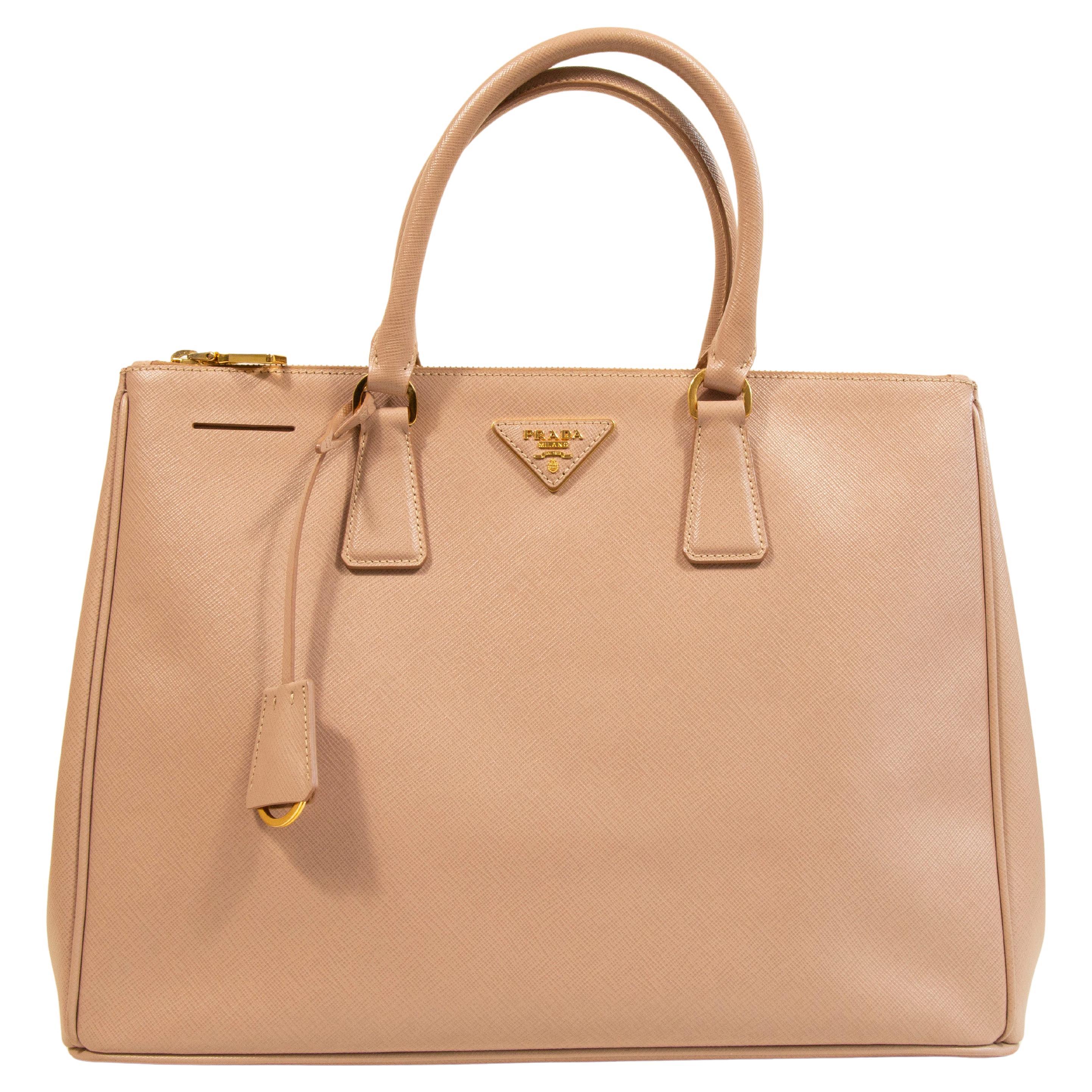 2000s Prada Nude Saffiano Leather Galleria Top Handle Bag For Sale