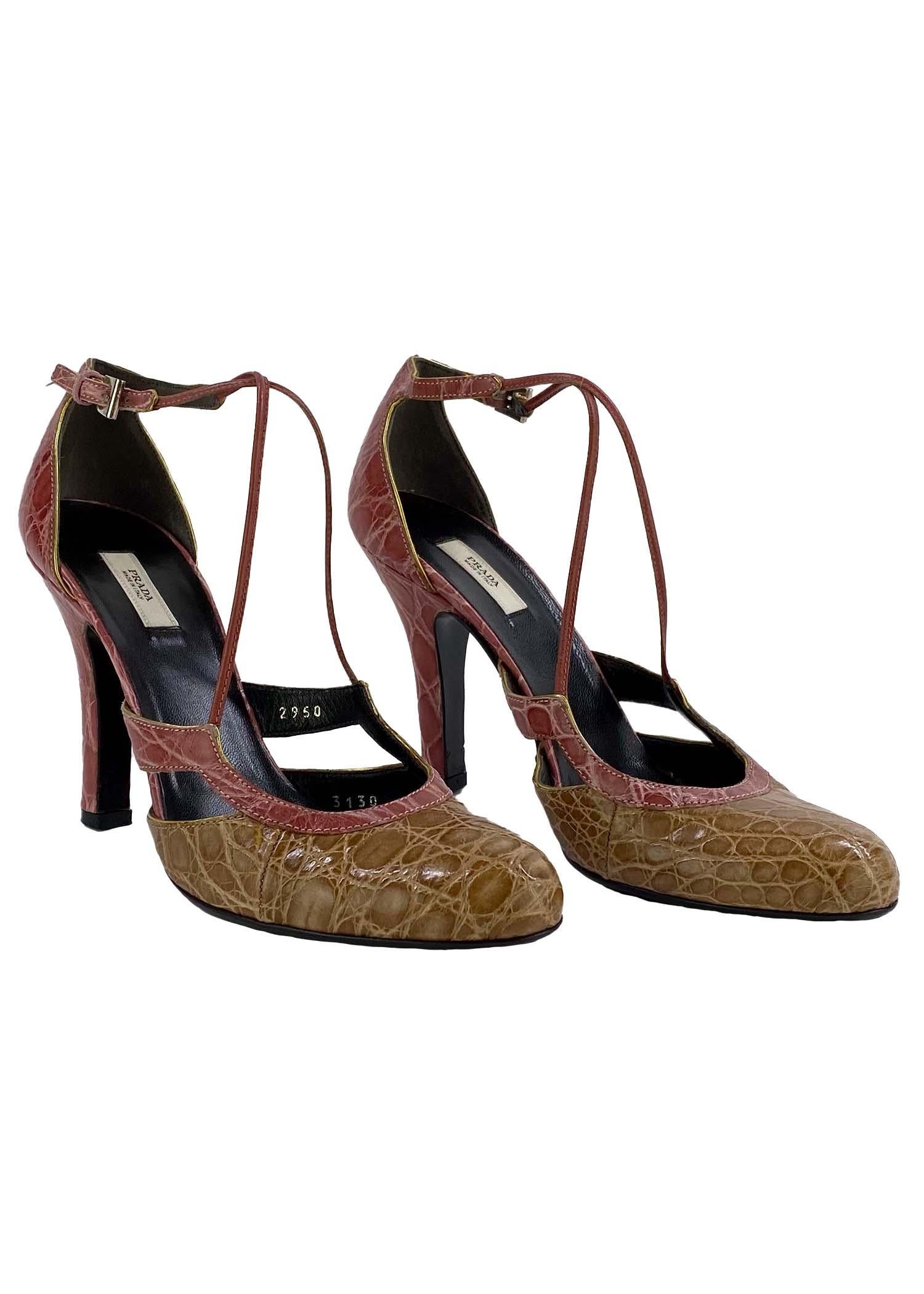 2000er Prada Rosa Beige Alligator-Pumps mit 3,5 Heels im Zustand „Gut“ in West Hollywood, CA