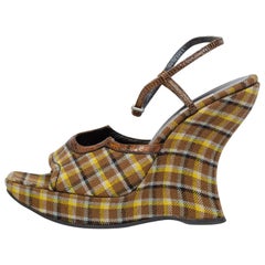 2000S PRADA Plaid Wedges With Lizard Trim Shoes