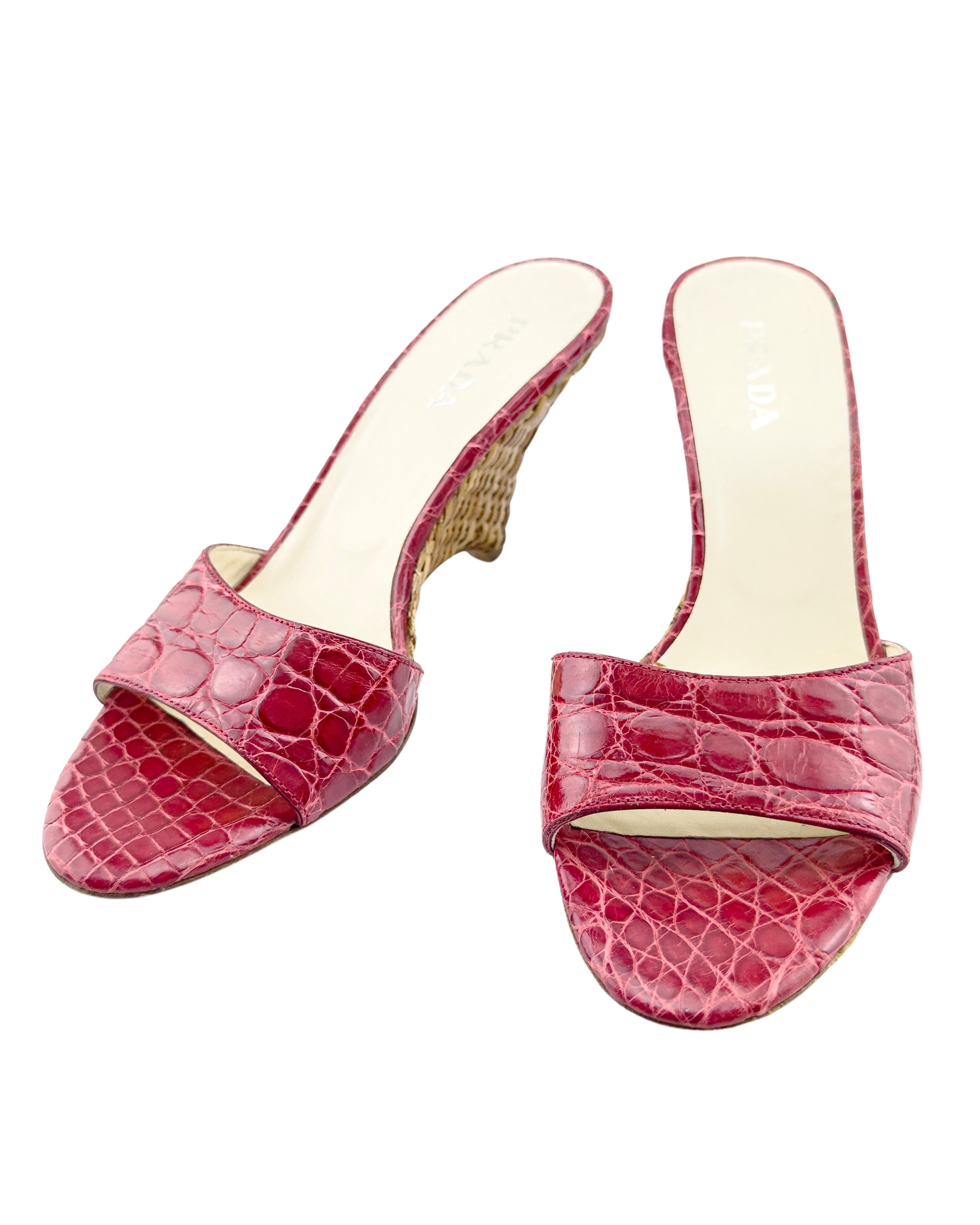 Beige 2000's Prada Red Faux Croc and Wicker Wedge Slides For Sale