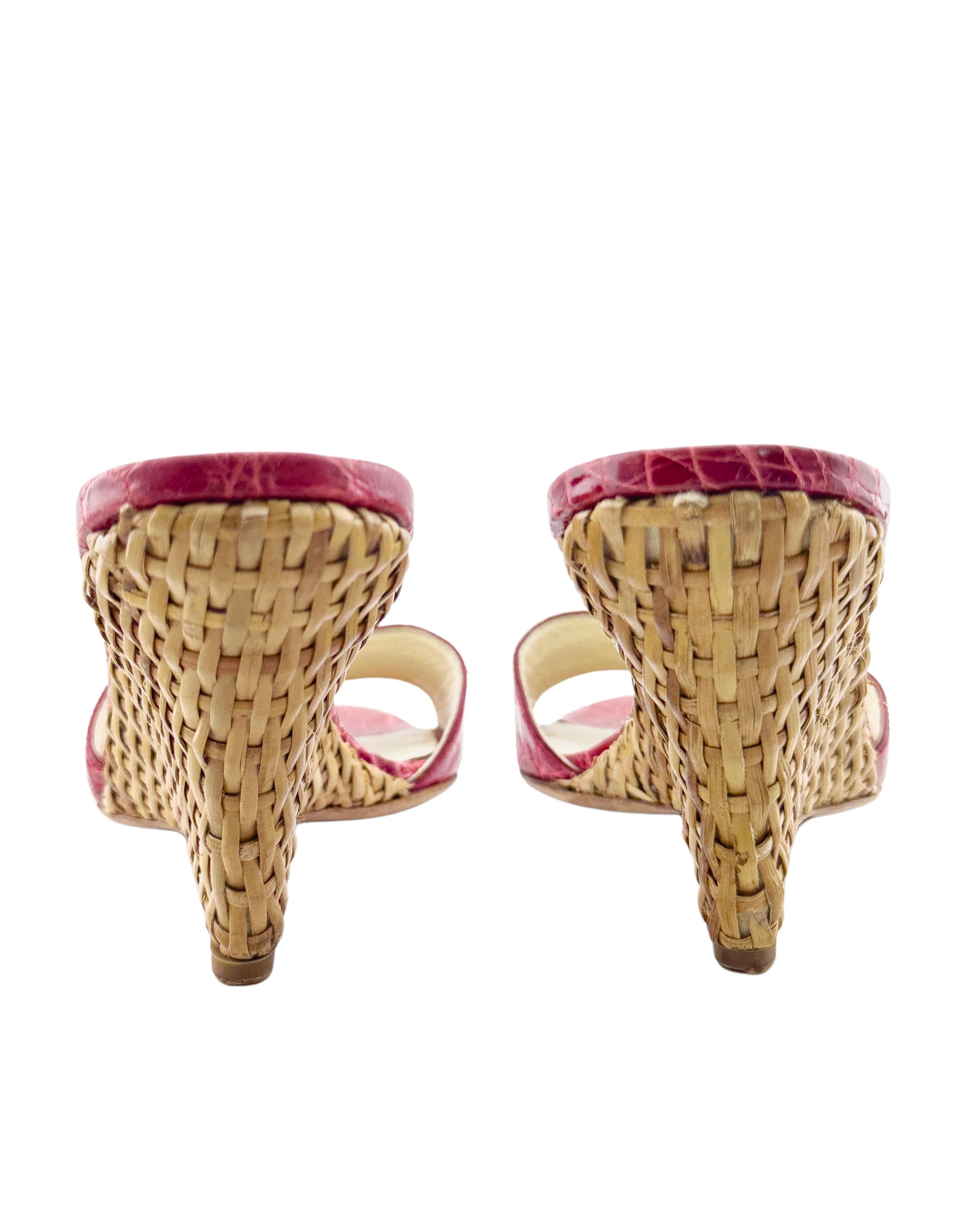 Women's 2000's Prada Red Faux Croc and Wicker Wedge Slides For Sale