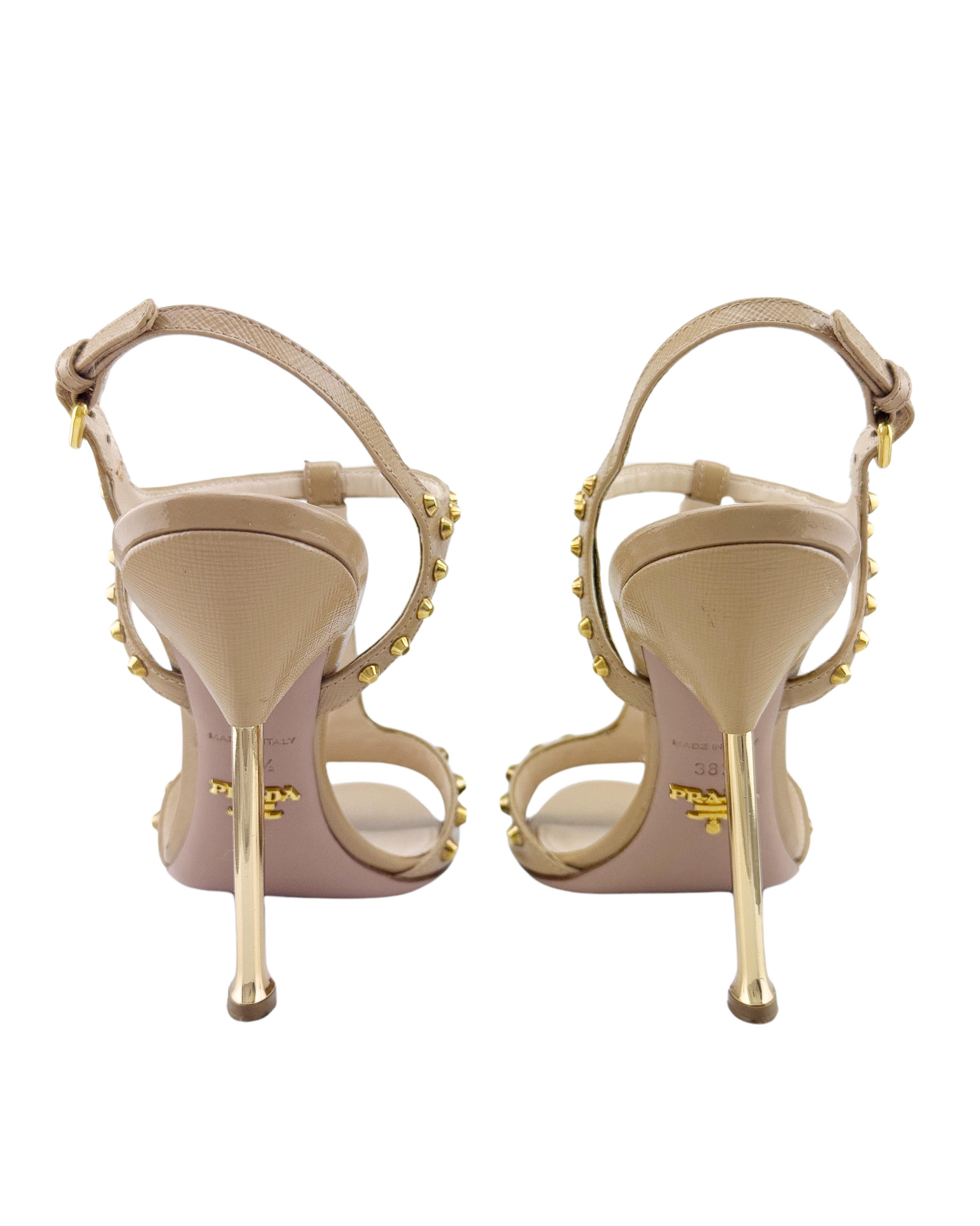 Women's 2000's Prada Saffiano Beige Leather Studded Sandal Heels For Sale