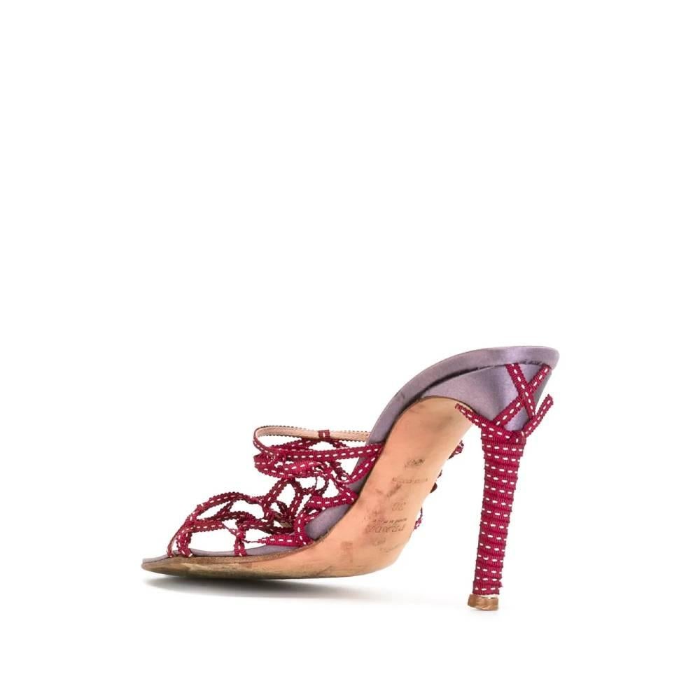 Brown 2000s Prada sandals with burgundy cotton lace detail For Sale