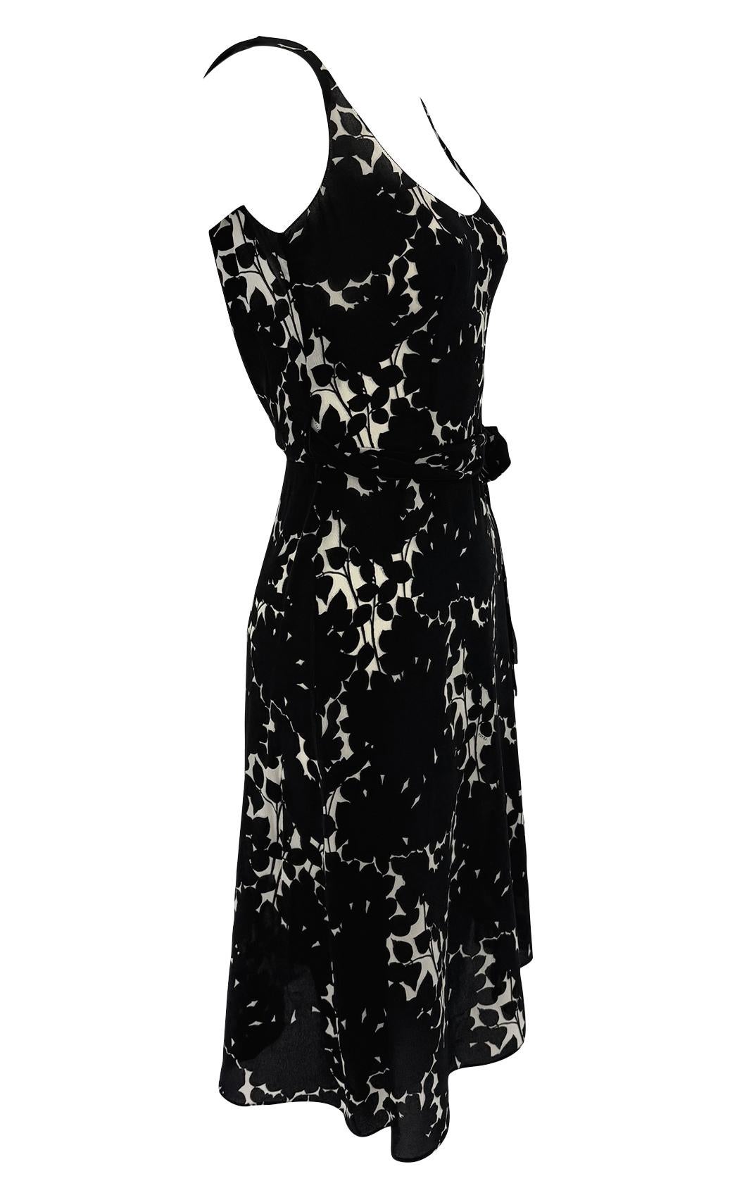 2000s Prada Sheer Silk Chiffon Black White Abstract Floral Print Dress For Sale 2
