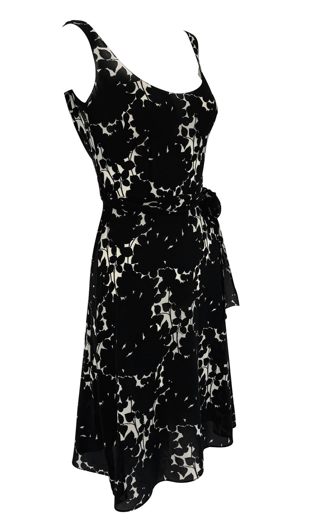 2000s Prada Sheer Silk Chiffon Black White Abstract Floral Print Dress For Sale 3