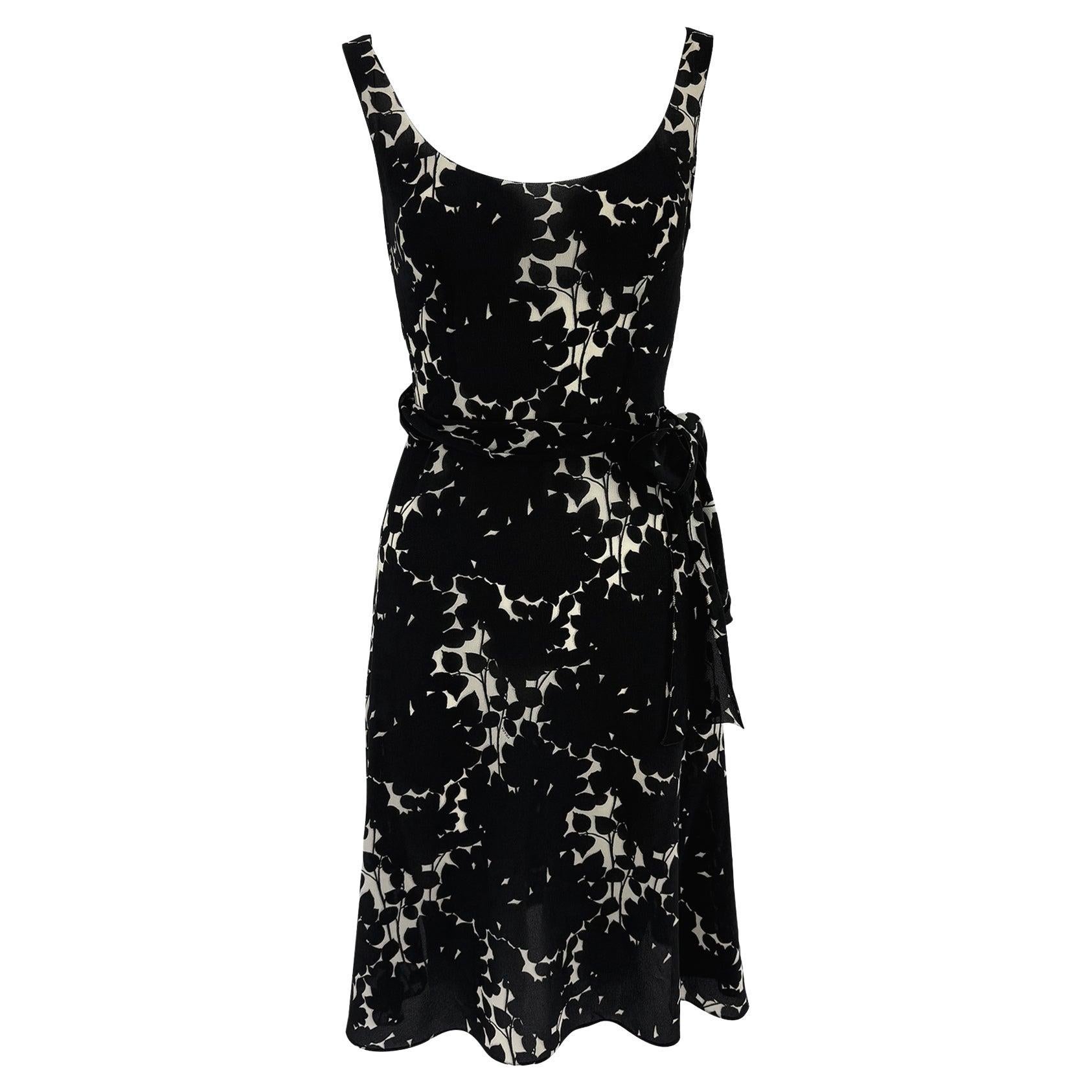 2000s Prada Sheer Silk Chiffon Black White Abstract Floral Print Dress For Sale