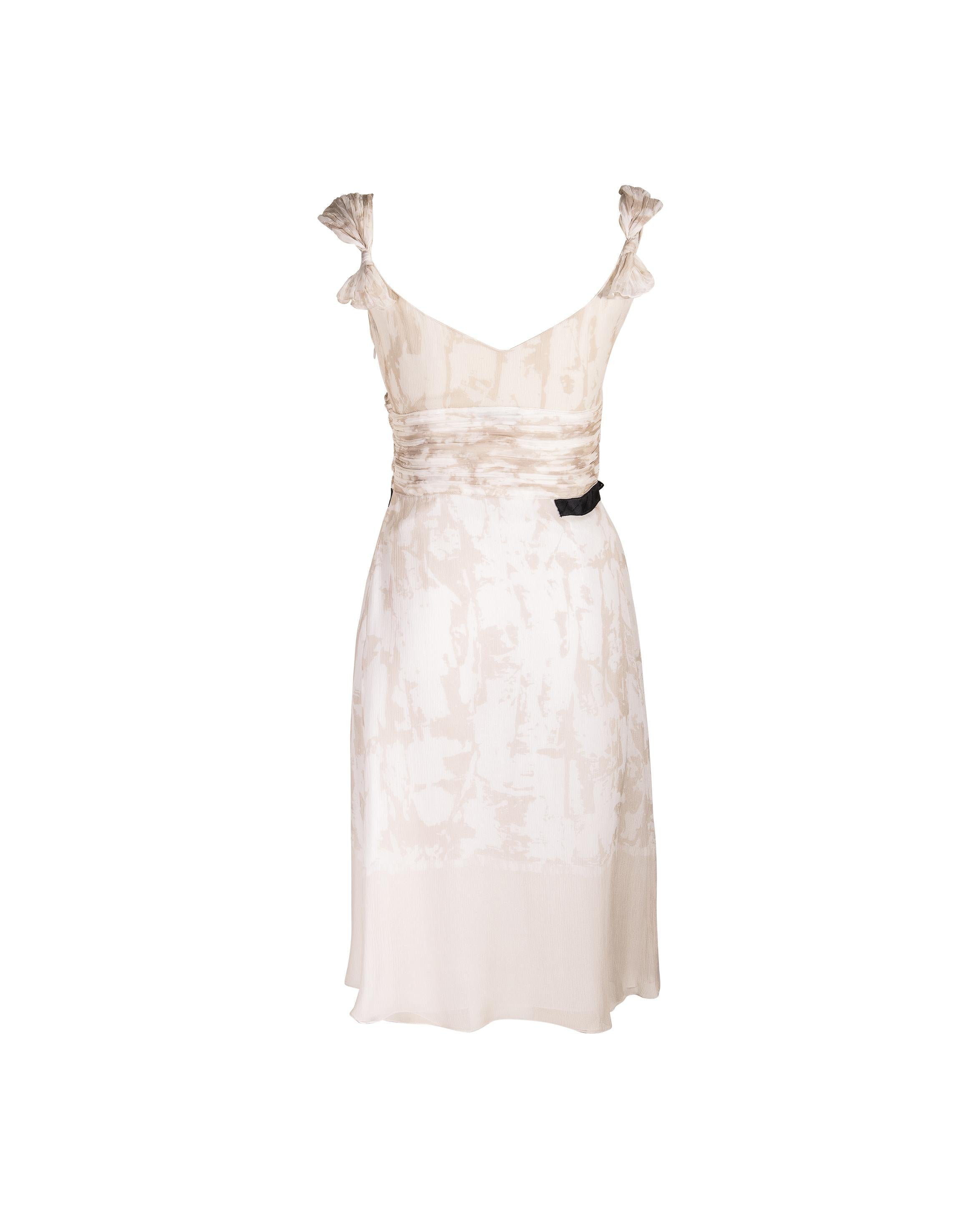 2000's Prada Silk Chiffon White and Tan Patterned Dress In Excellent Condition In North Hollywood, CA