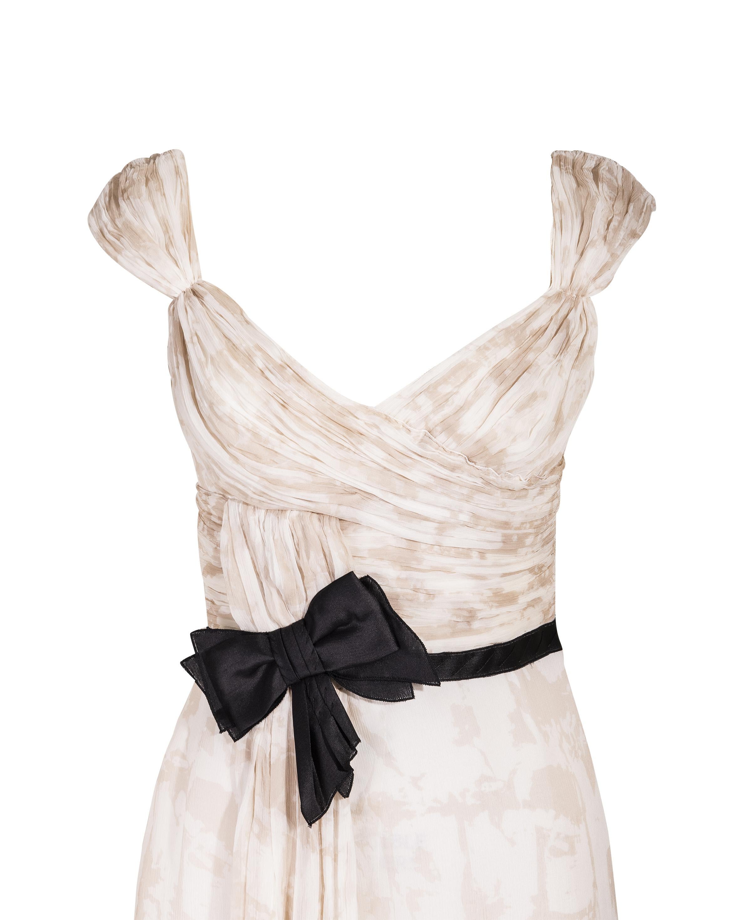 Women's 2000's Prada Silk Chiffon White and Tan Patterned Dress